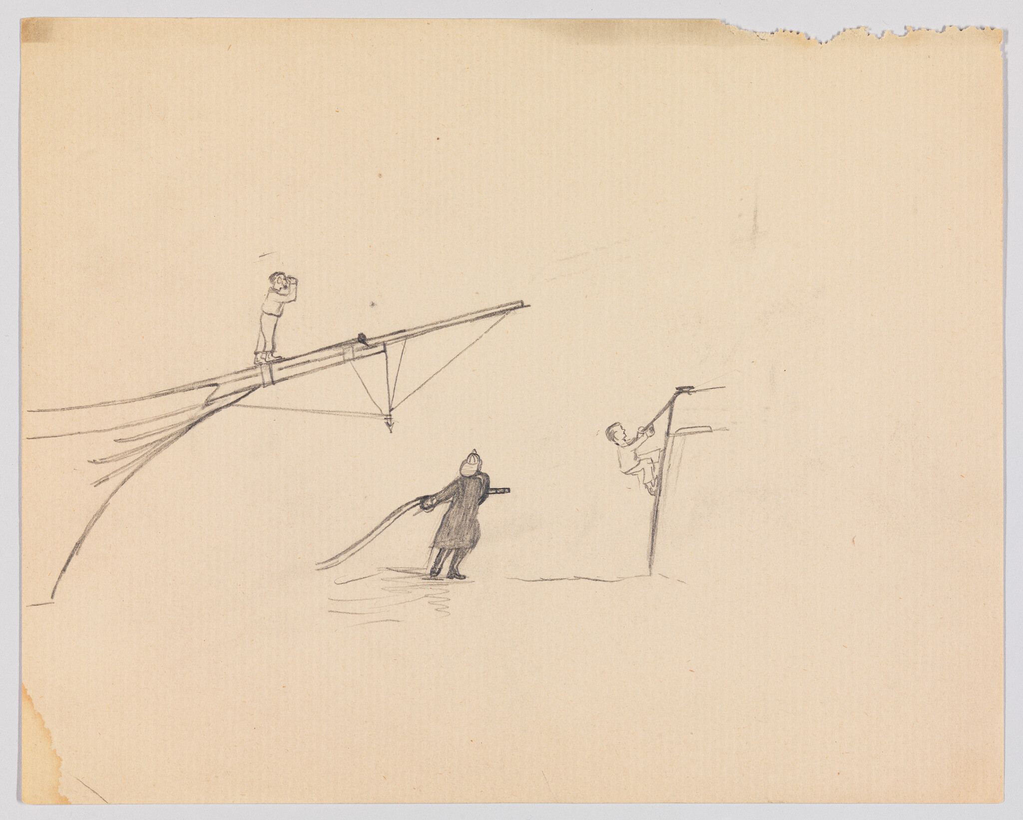 Three people perform a rescue: one watches from a beam, another holds a rope, one climbs.