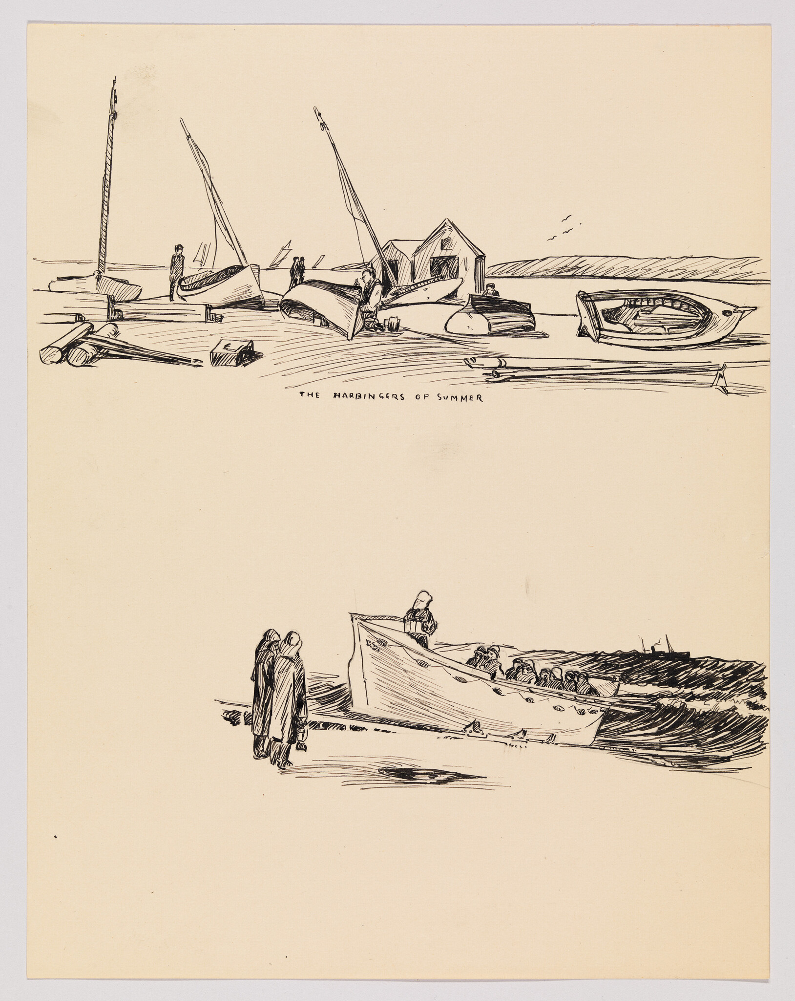 A sketch on tan paper featuring a beach scene with several sailboats, some capsized, and figures standing or working around them. The ocean is visible in the background. In the foreground, two figures appear to be walking along the shore. The caption "THE HARBINGERS OF SUMMER" is written at the bottom.