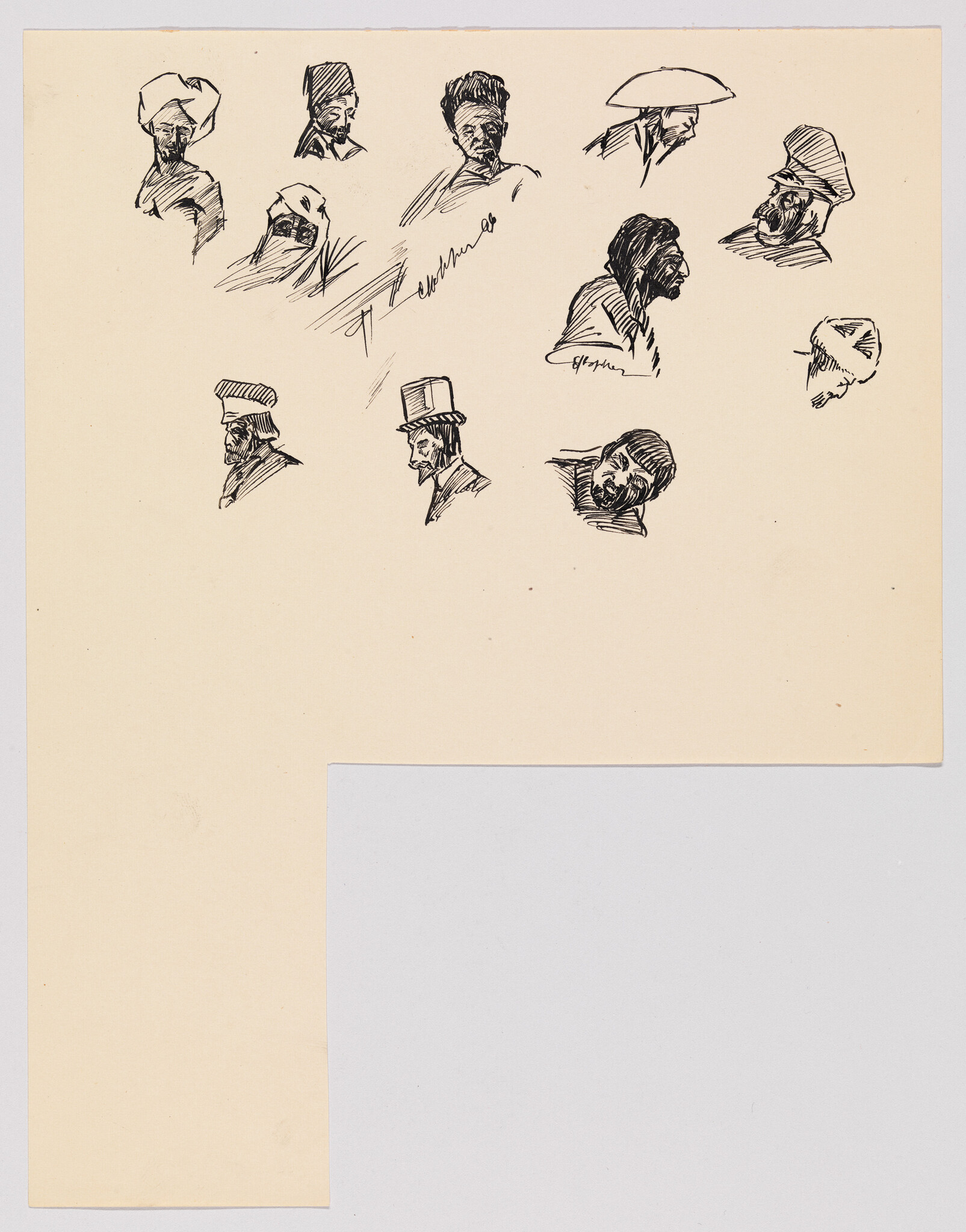 Several quick ink sketches of men's heads wearing different hats arranged across cream paper.
