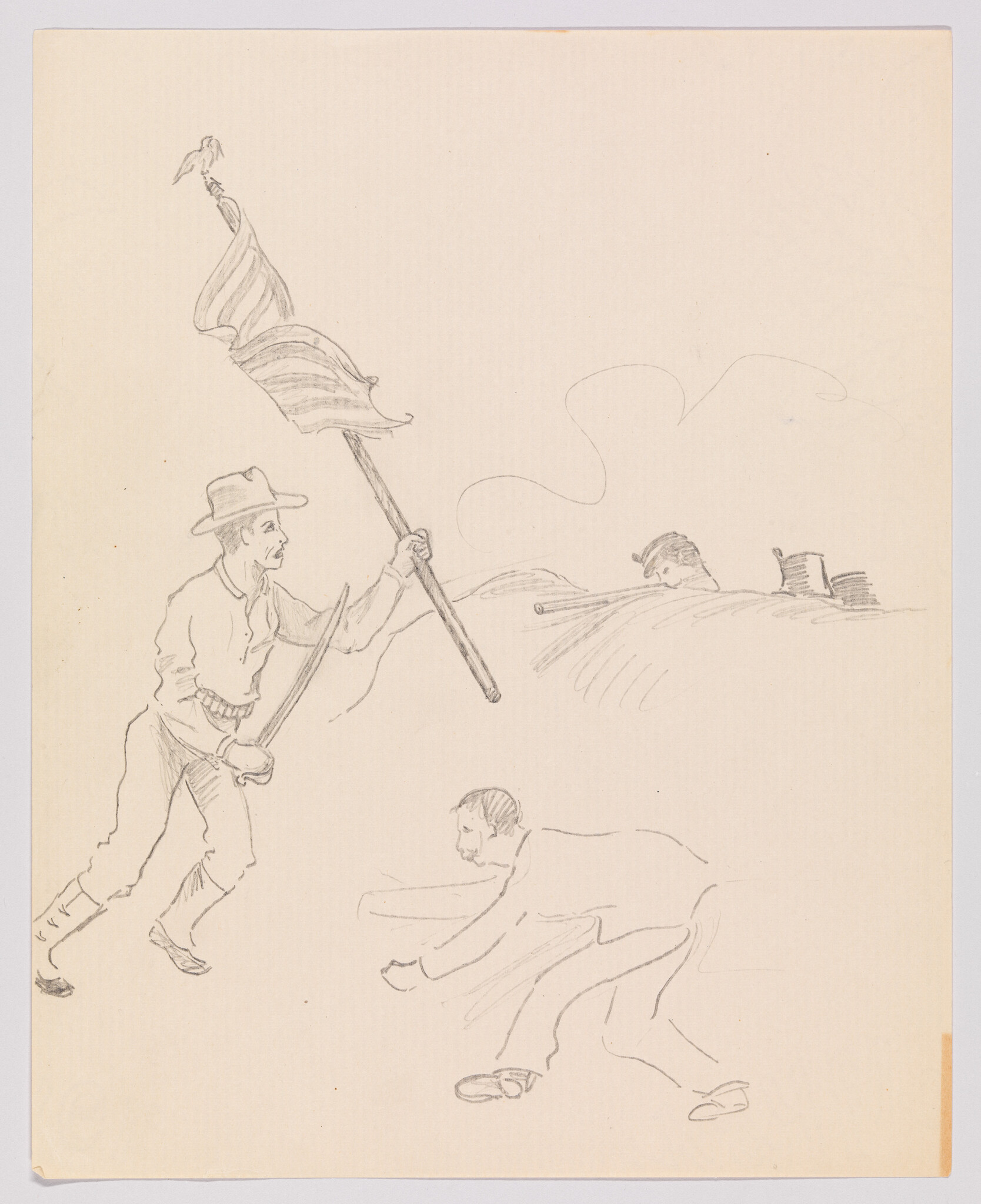 A man with a hat marches forward holding a flag and sword toward a crouching figure.