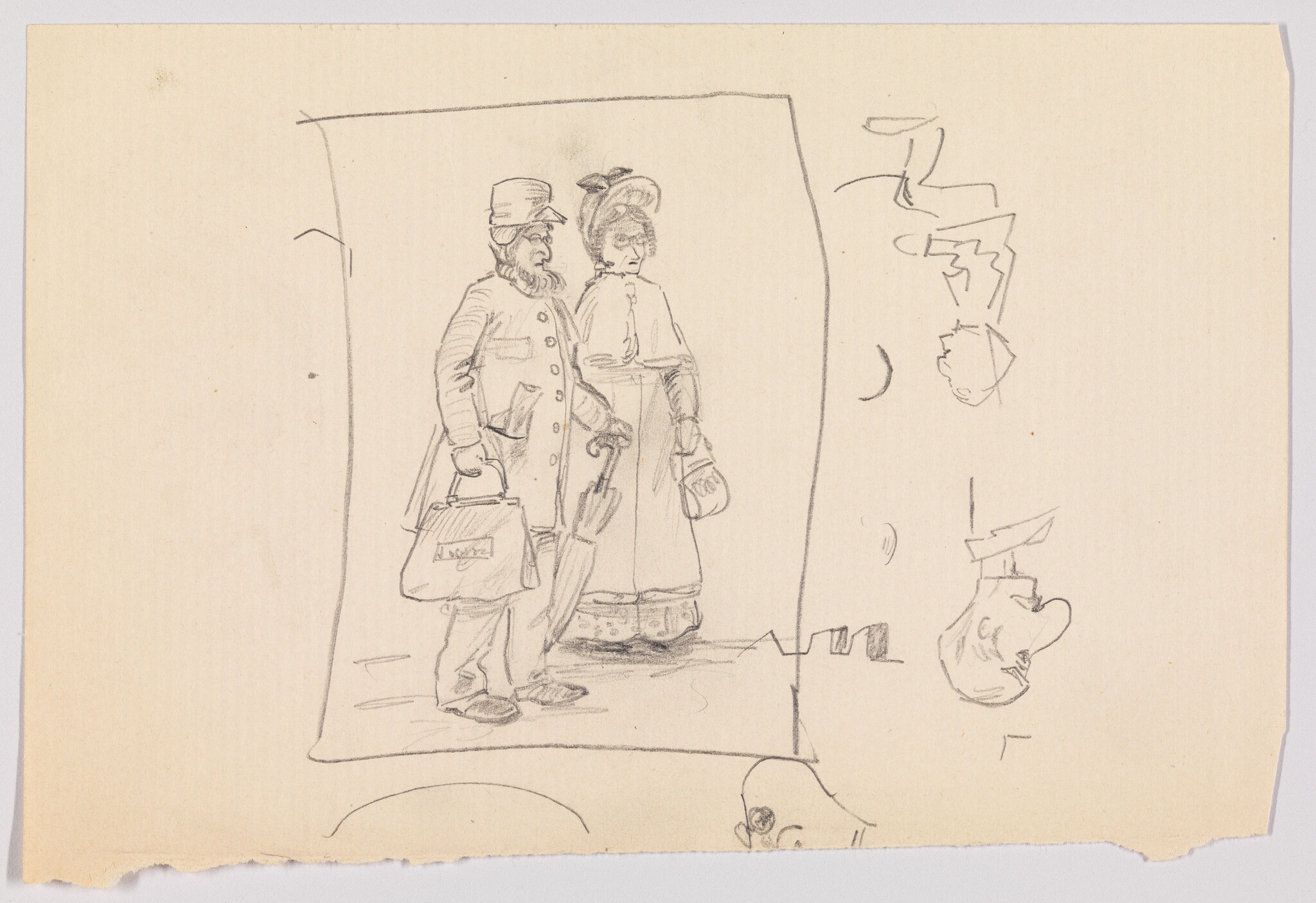 Man and woman in old-fashioned clothing stand together, the man holding an umbrella and bag.