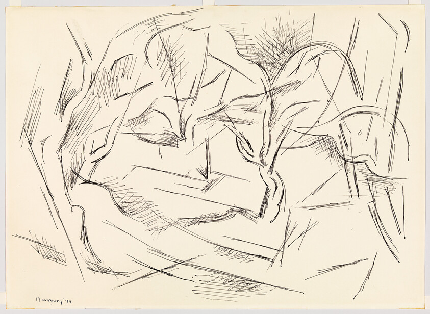 Loose abstract black ink lines suggesting two figures entwined in motion.