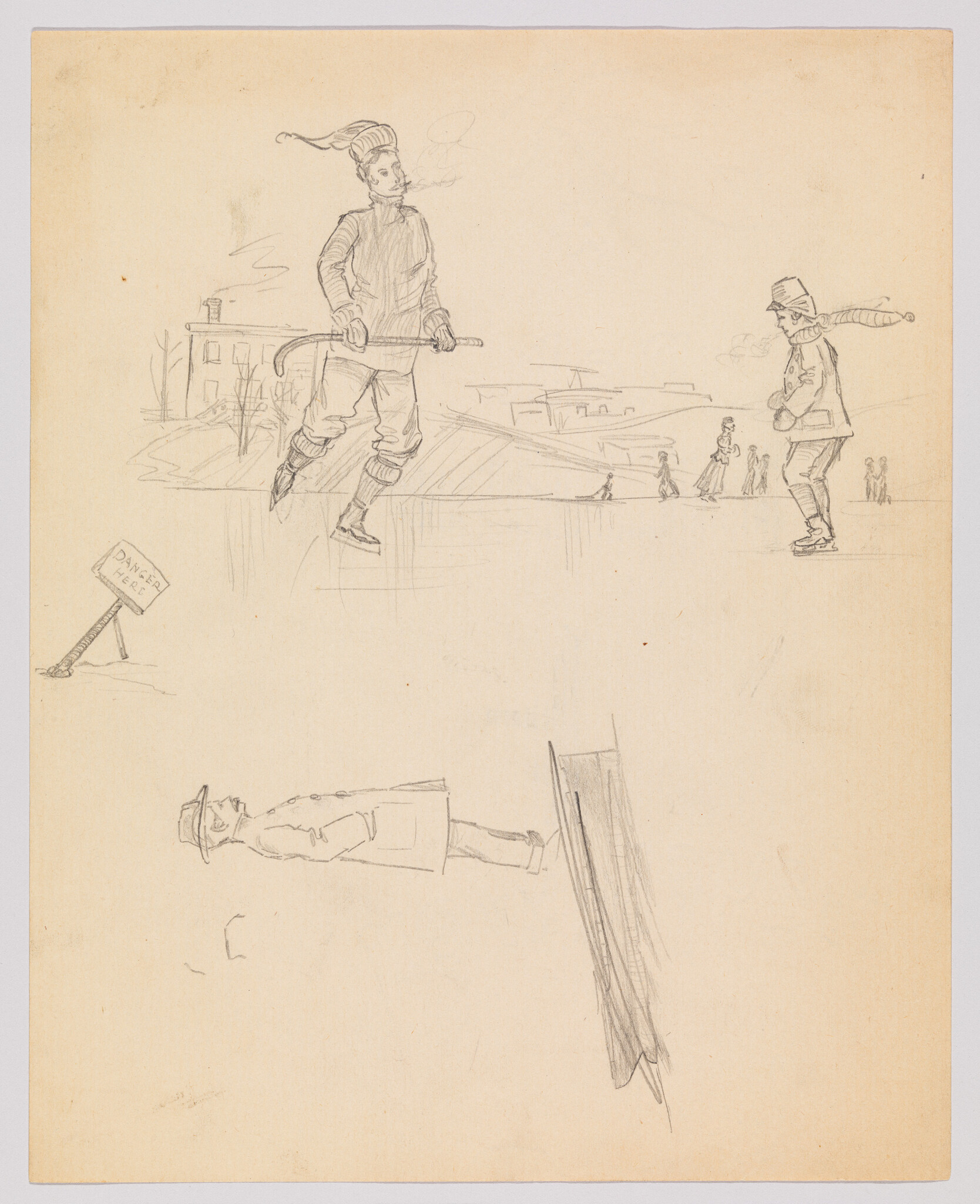 Two men skate on a frozen pond while one jumps with a cane near a "Danger Here" sign.