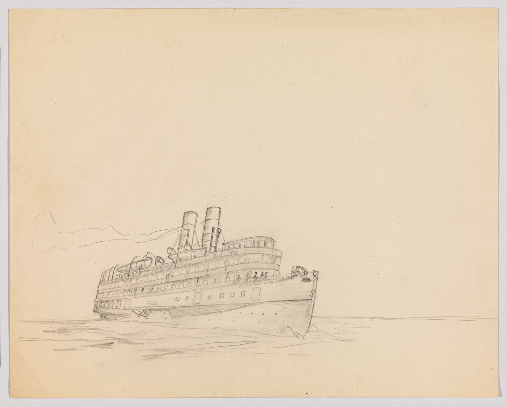 A pencil sketch of a two-funnel passenger ship cruising on calm water.