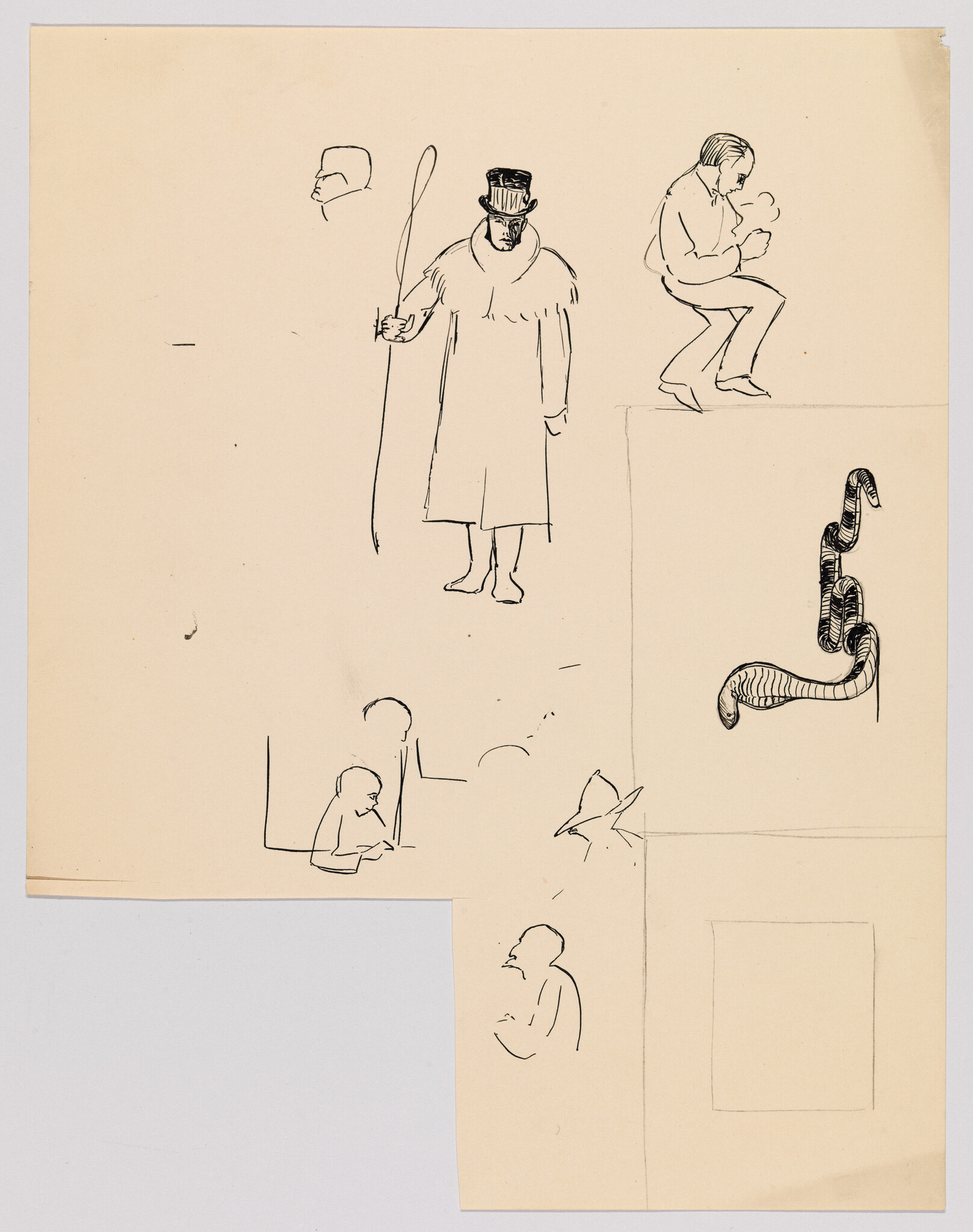 A man in a long coat and top hat stands holding a tall cane amid several small ink sketches.