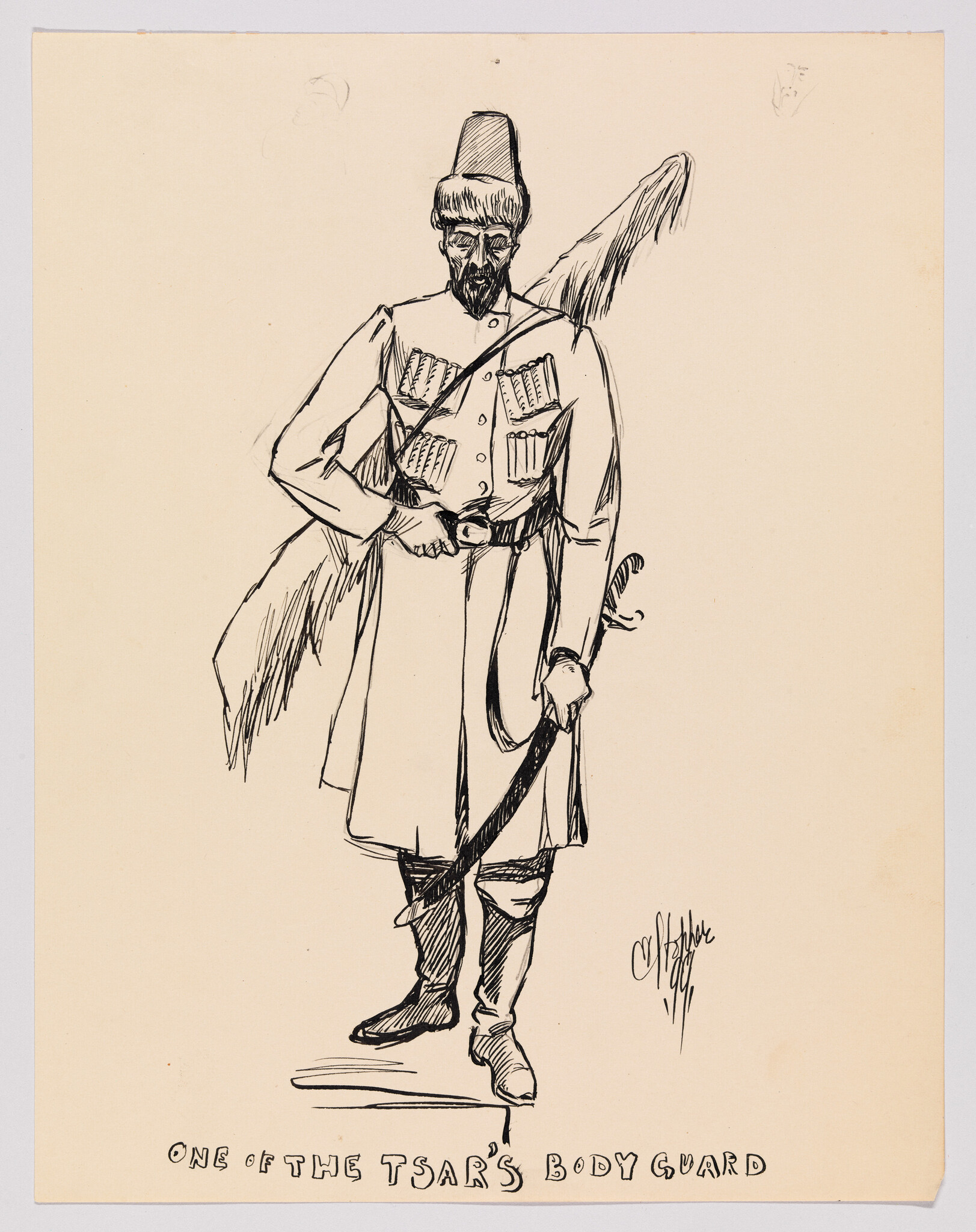 A standing Tsar's bodyguard in traditional uniform holding a sword and a rifle.