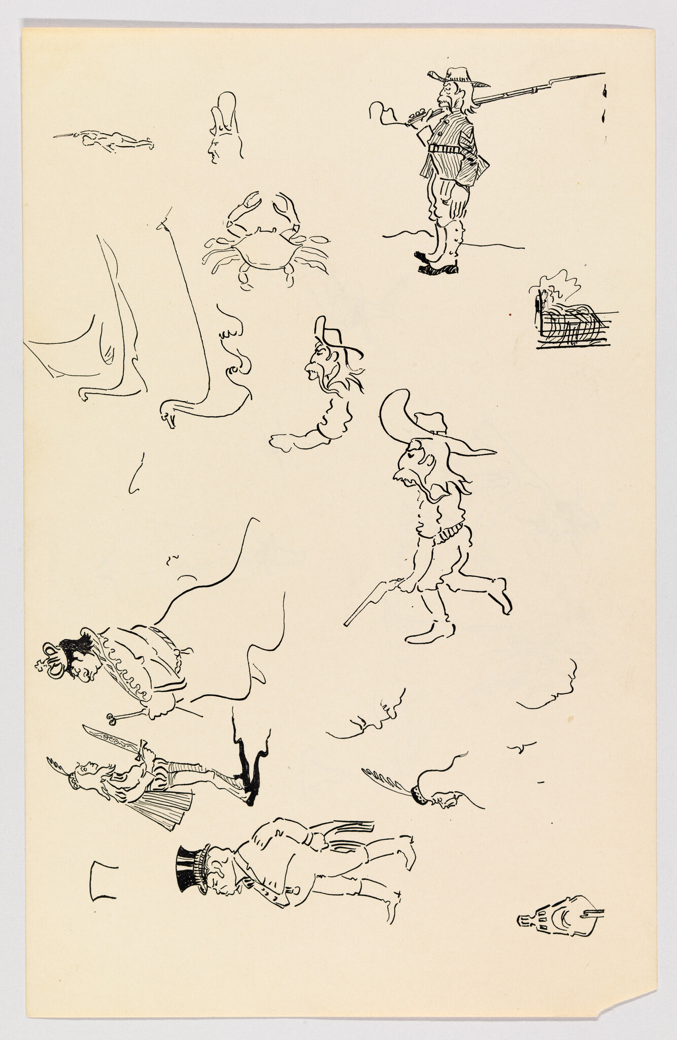 Multiple small ink cartoons showing a crab and various walking characters and figures.