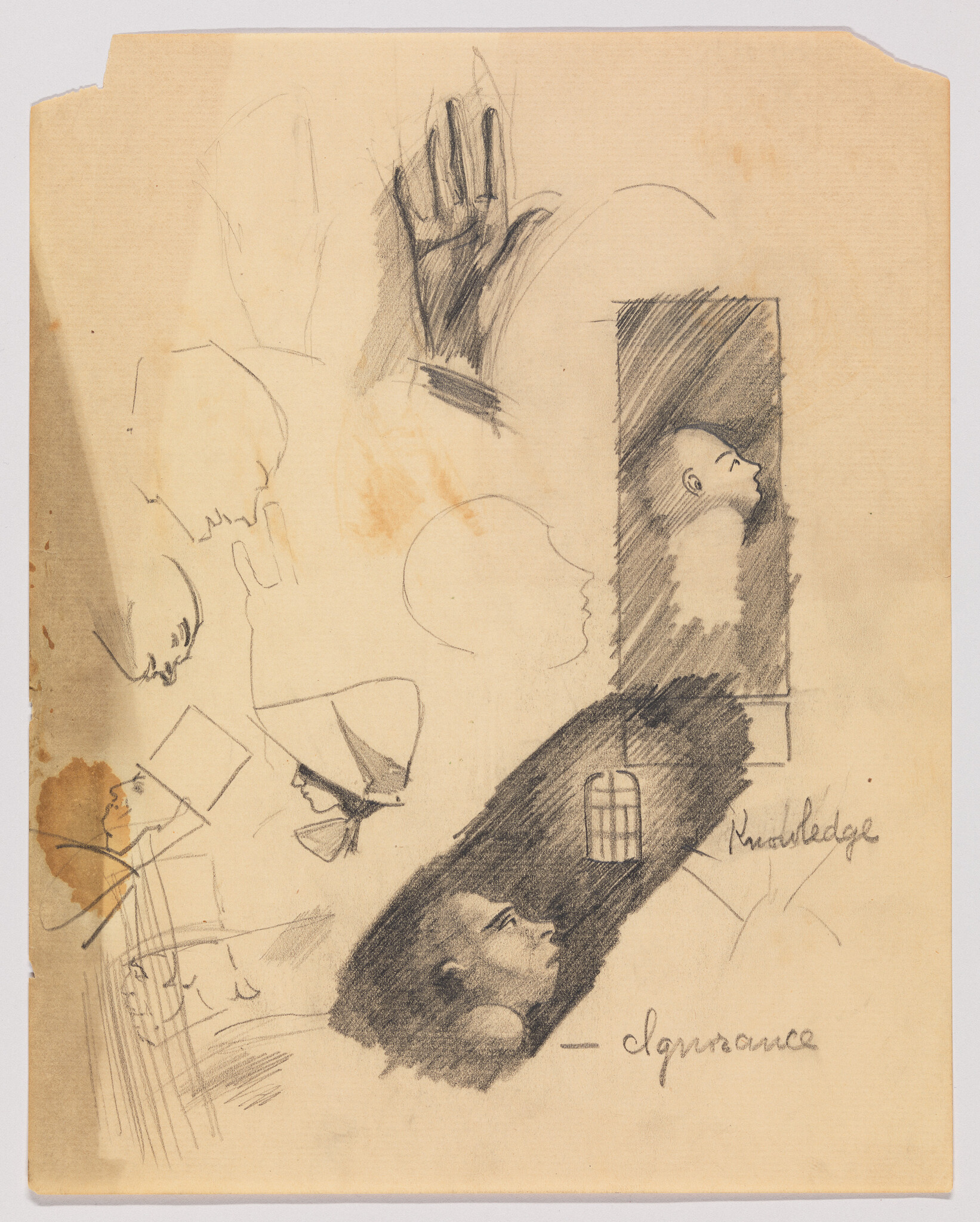 Several pencil sketches show a face in darkness looking up toward a small window labeled knowledge.