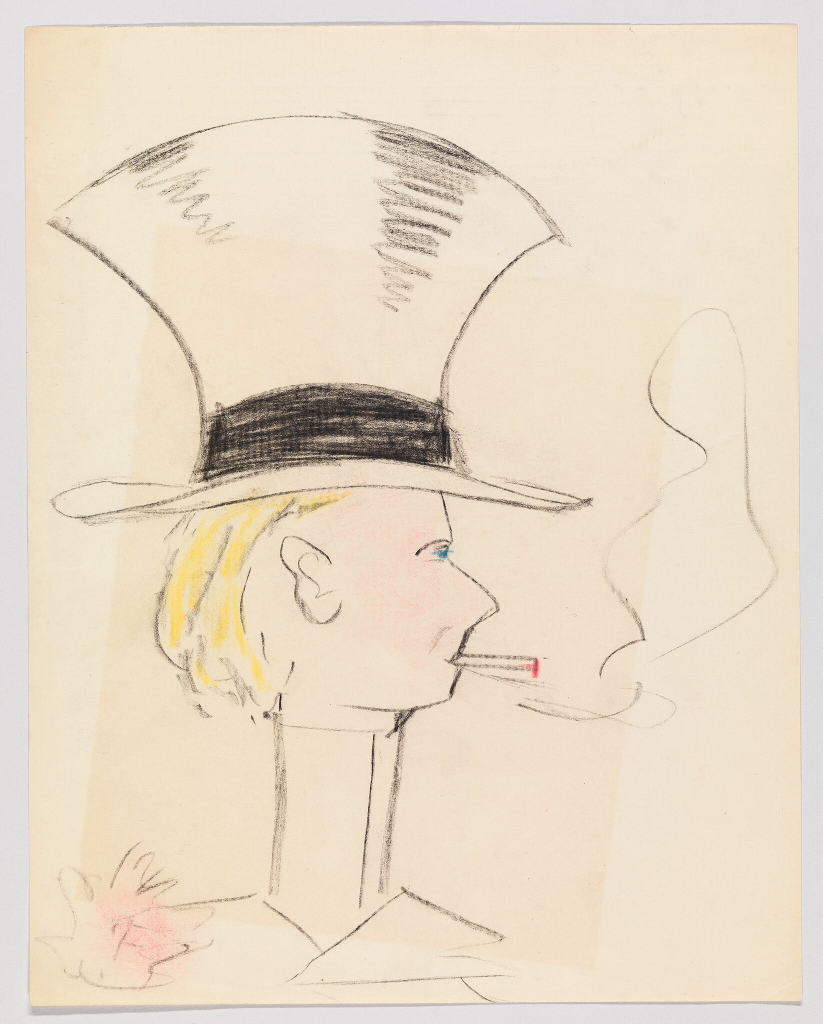 Woman with blonde hair in a tall hat smokes a cigarette in profile, thin neck visible.