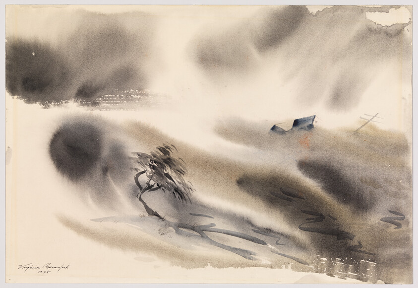 A lone windswept tree bends on a foggy hillside near a small tilted house and pole.