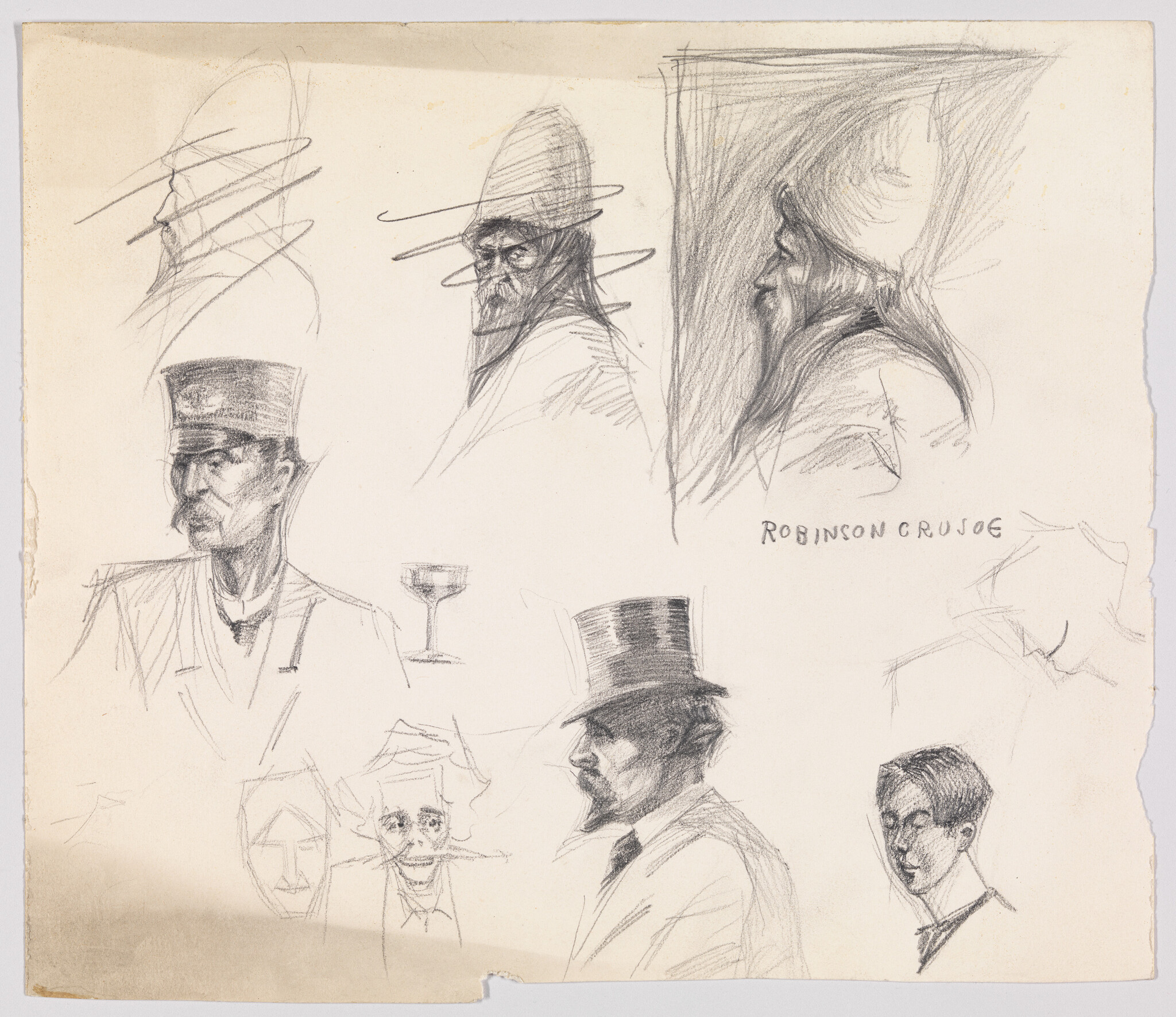 Several pencil sketches of men in hats and profile views, one labeled "Robinson Crusoe."
