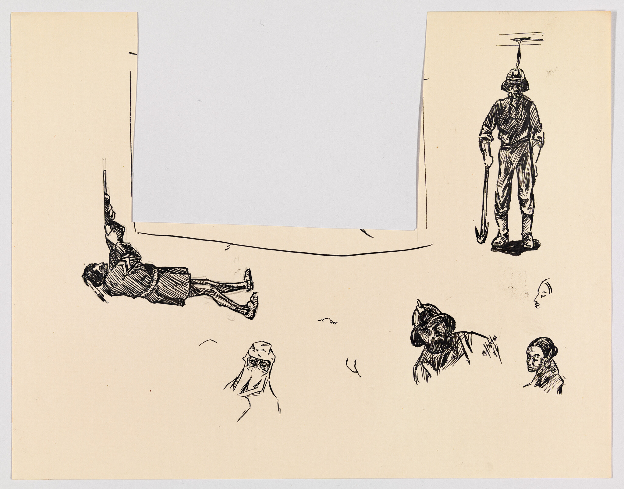 Several ink sketches show standing and crouching figures, including a miner with a shovel and armed figure.