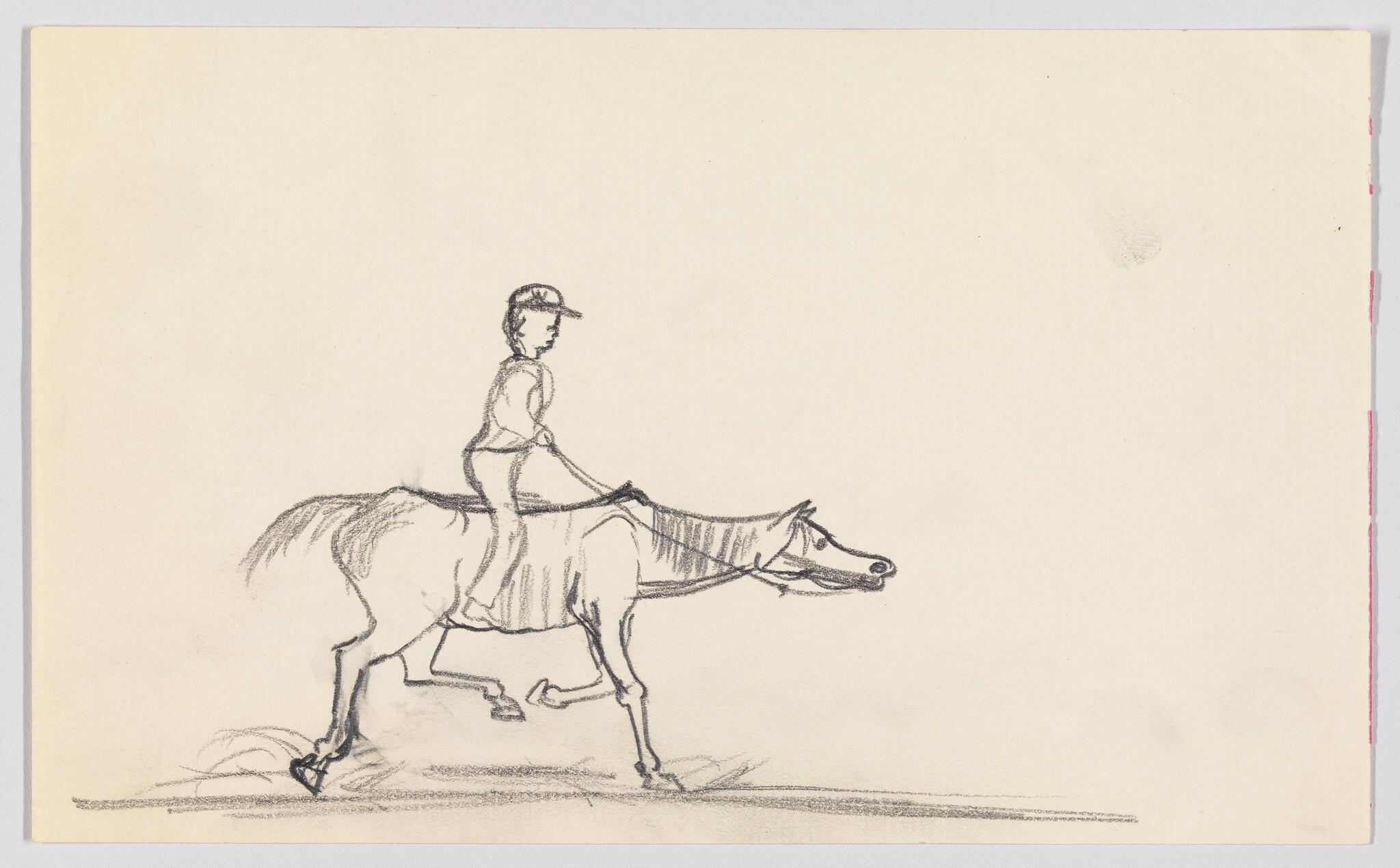 A simple pencil sketch of a rider trotting a horse across a blank page.