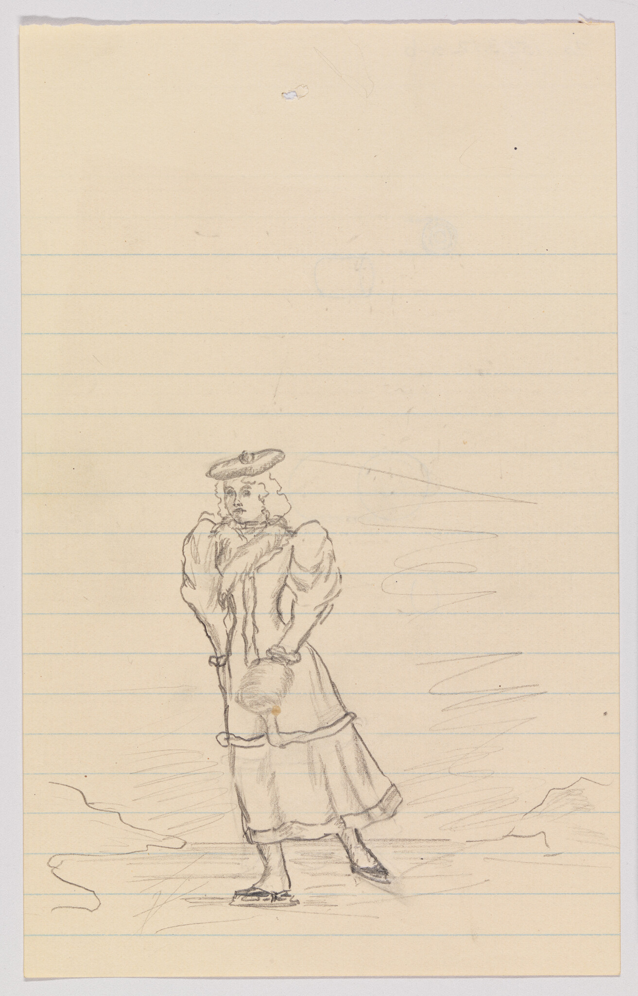 A pencil sketch of a woman in a long vintage dress and small hat standing on lined paper.