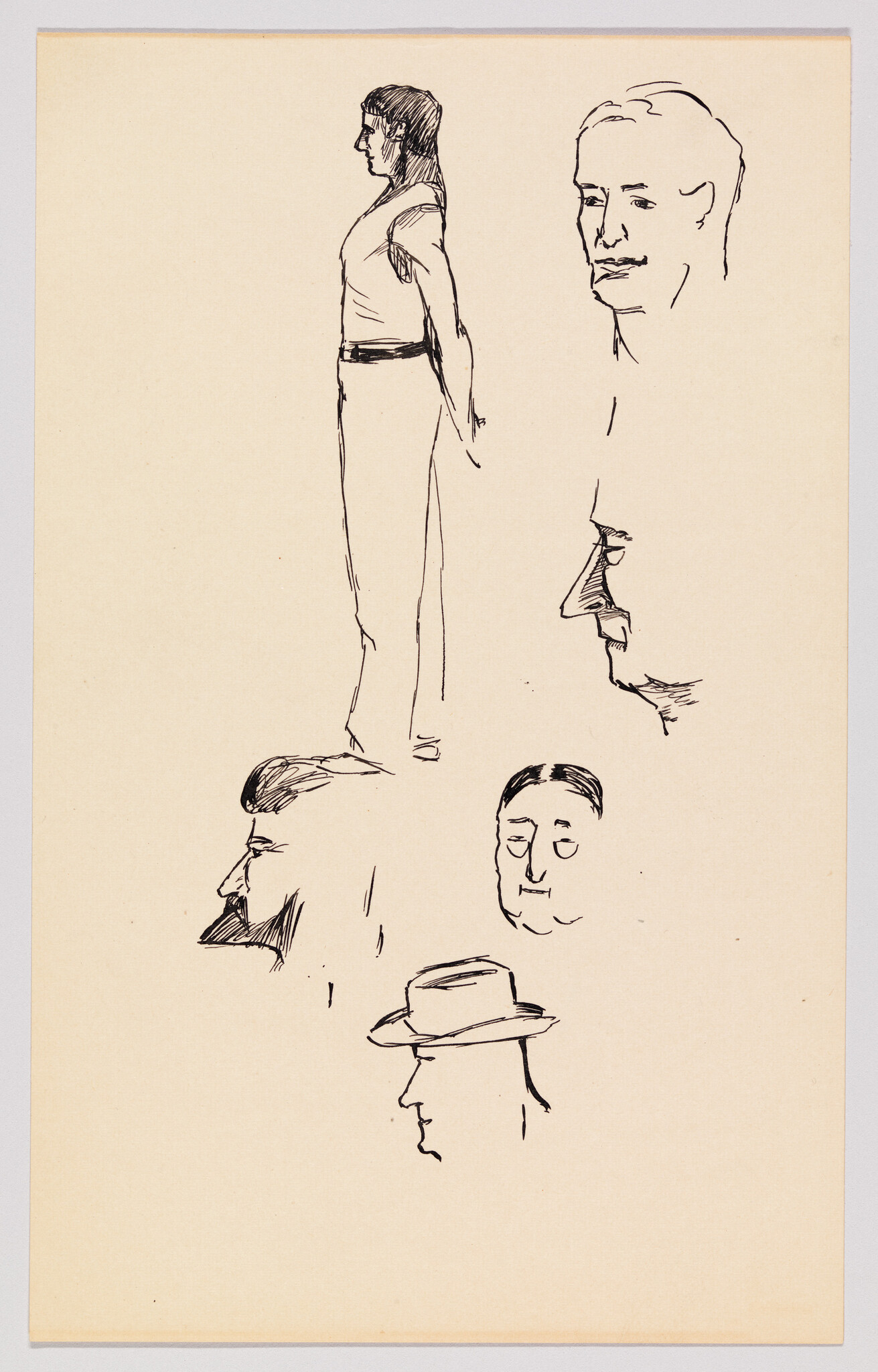 Multiple ink sketches showing a standing man and several different male head profiles.