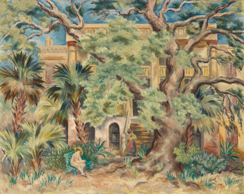 A large gnarled oak shades a villa courtyard where a woman sits reading and another woman stands.