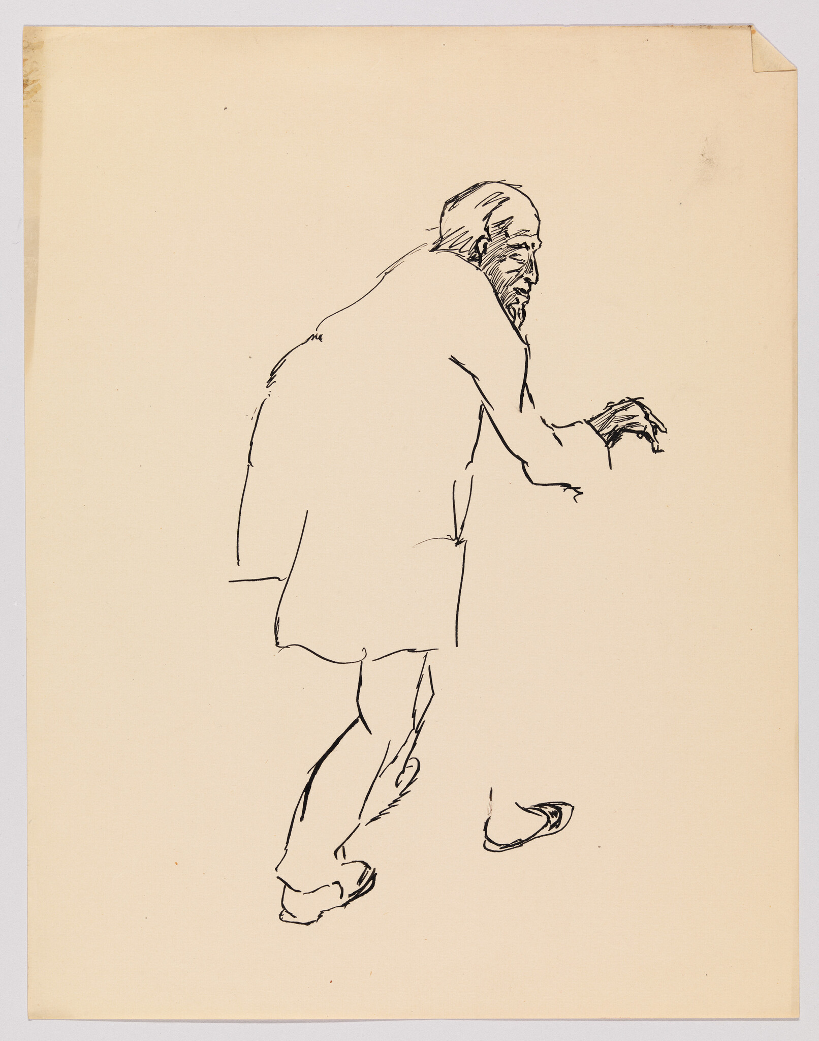 An ink sketch of a bearded man leaning forward and reaching with his right hand.