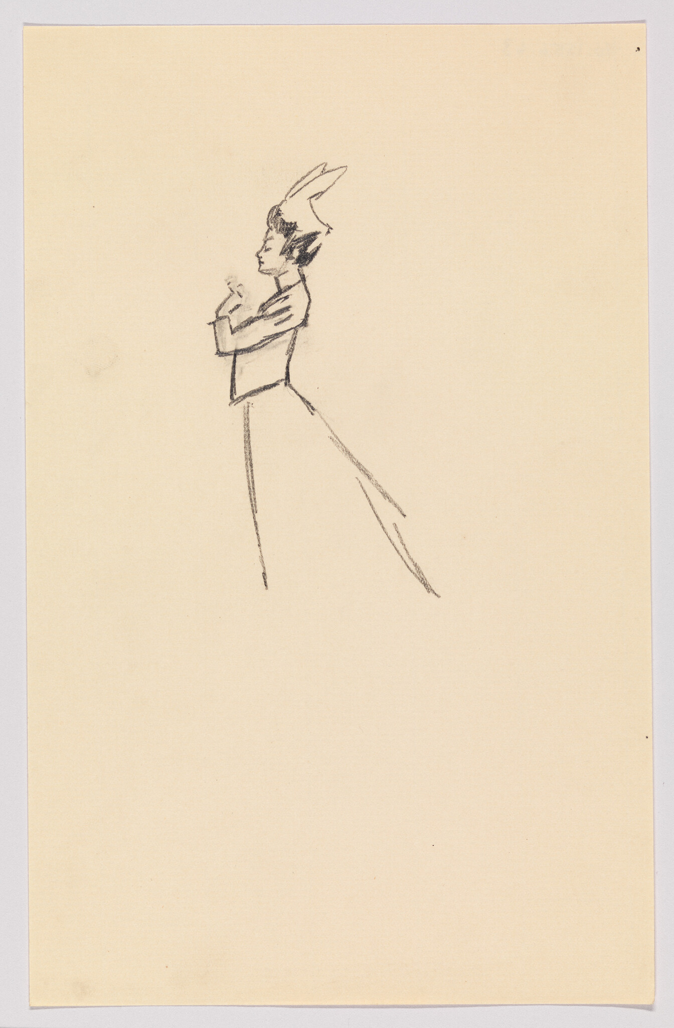 A simple charcoal sketch of a woman in profile wearing a tall hat with crossed arms.