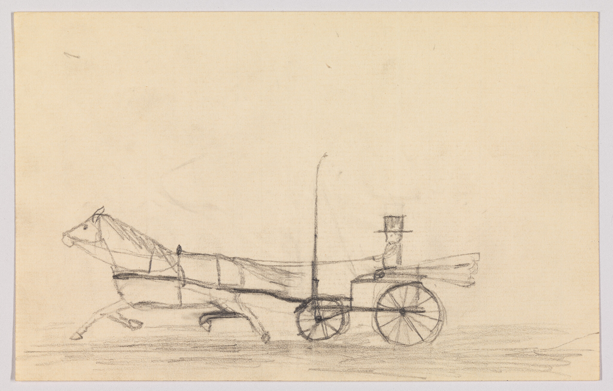 A horse pulls a two-wheeled cart while a driver in a top hat rides.