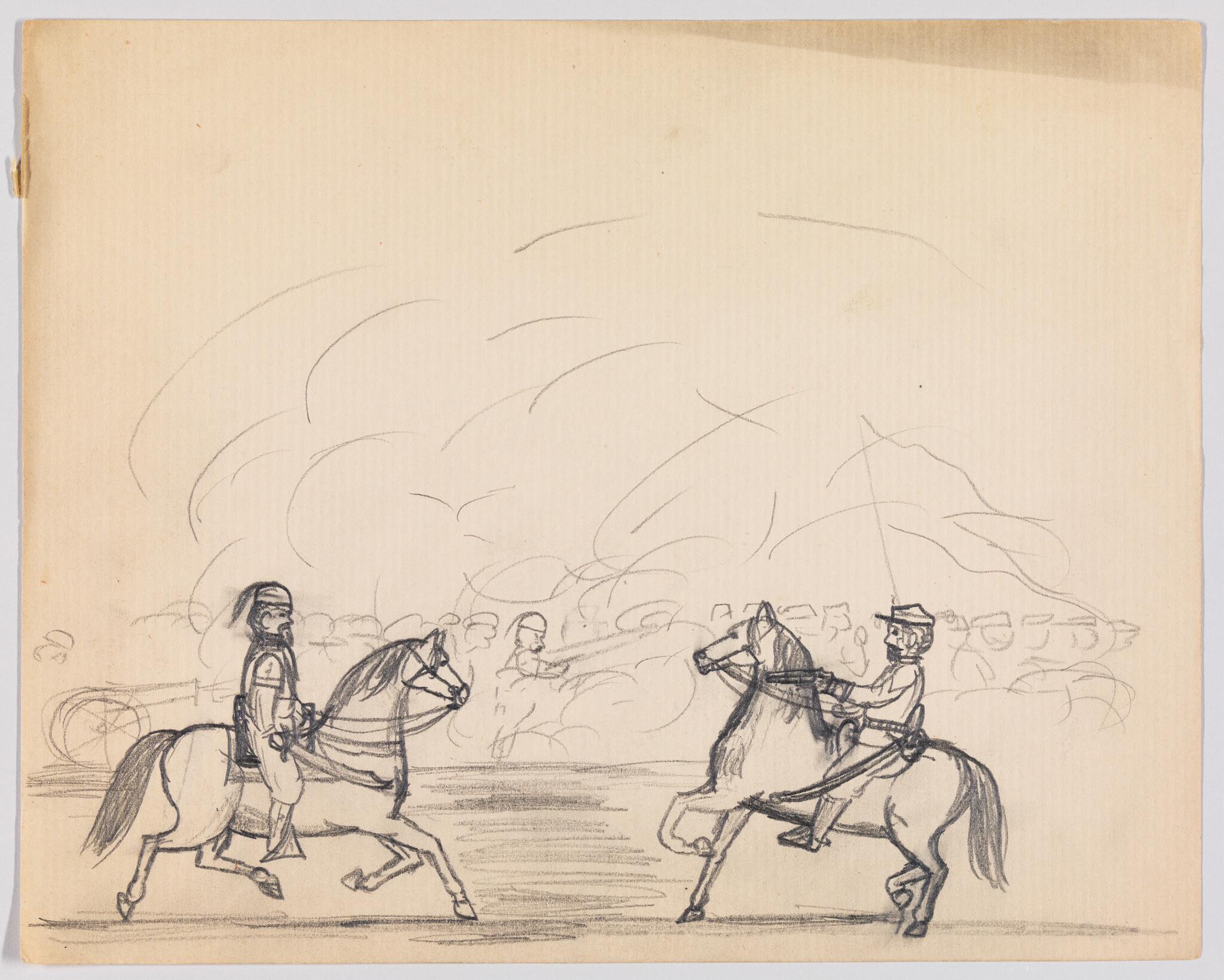 Two mounted soldiers ride toward each other on a field with spectators sketched behind them.