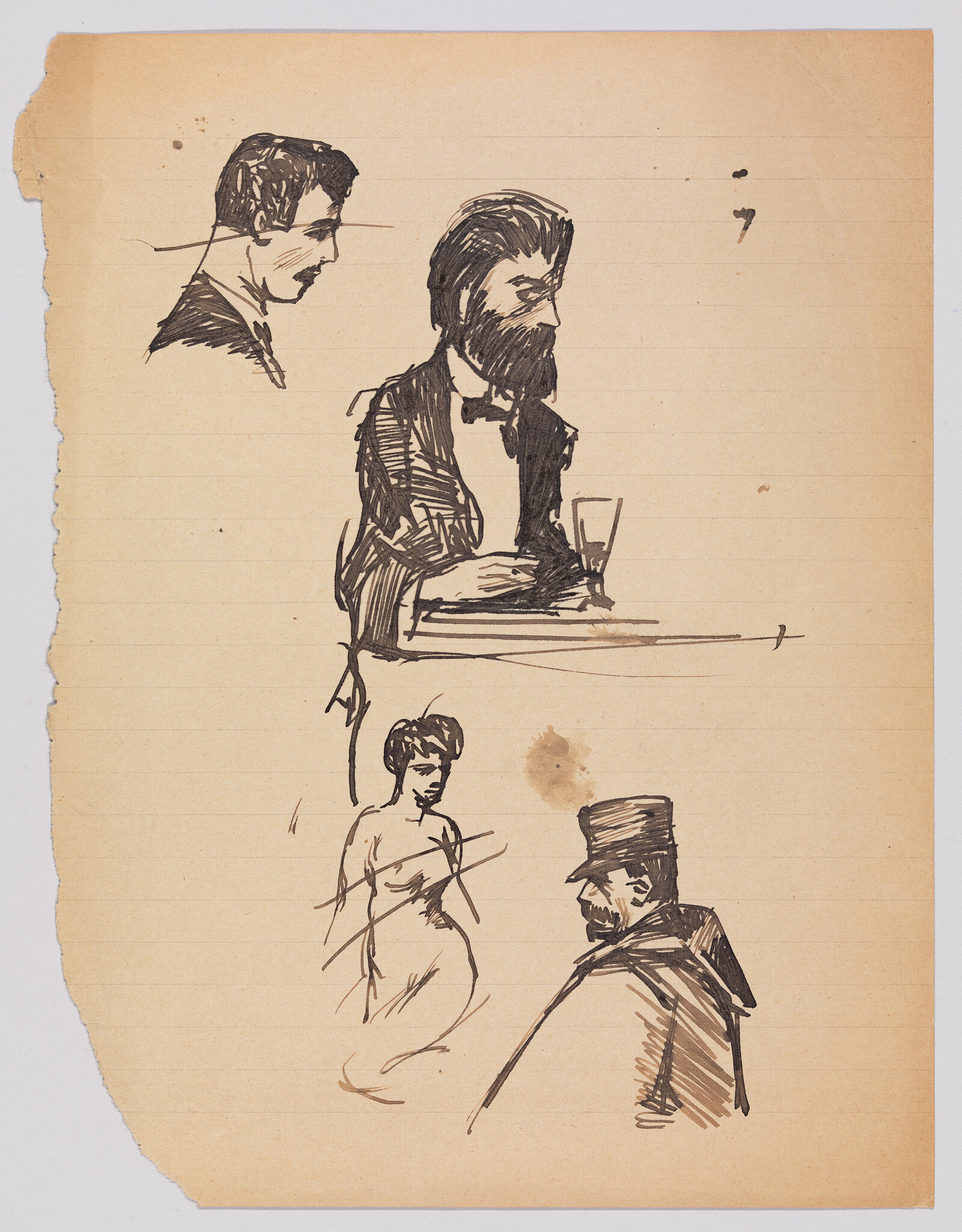 Ink sketches on lined paper showing a bearded man at a table holding a glass and other figures.