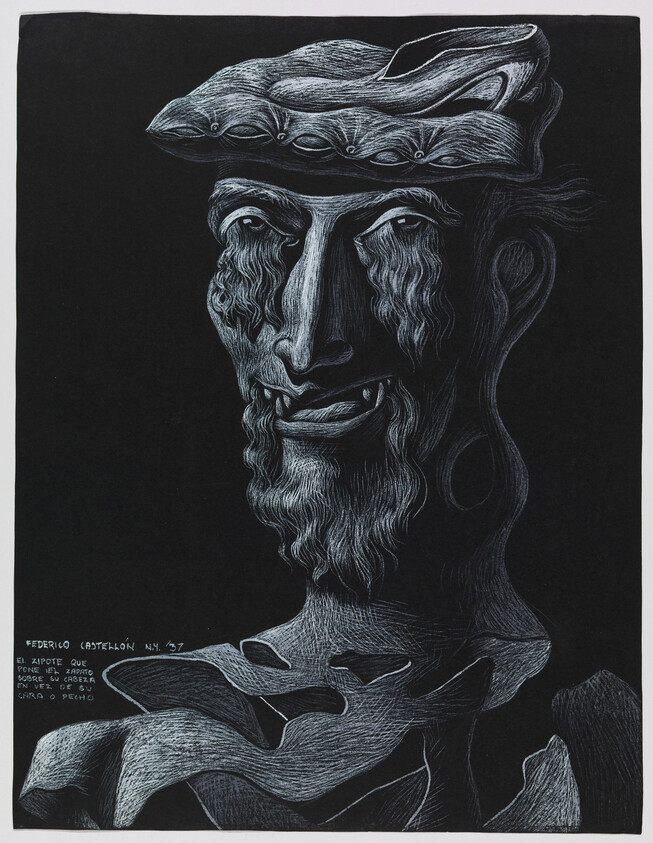 A surreal white-on-black drawing of a bearded man wearing a layered hat.