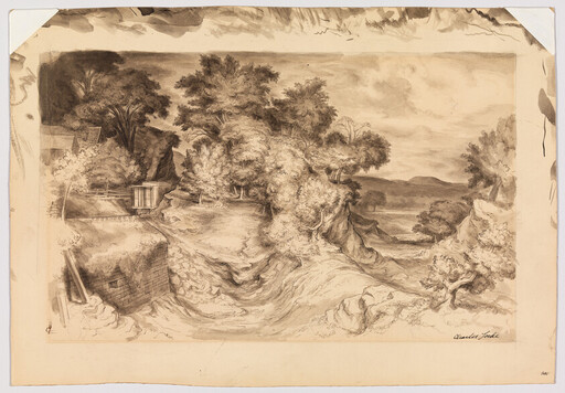 A pencil landscape showing a rocky shoreline with trees, a small building, and distant hills.