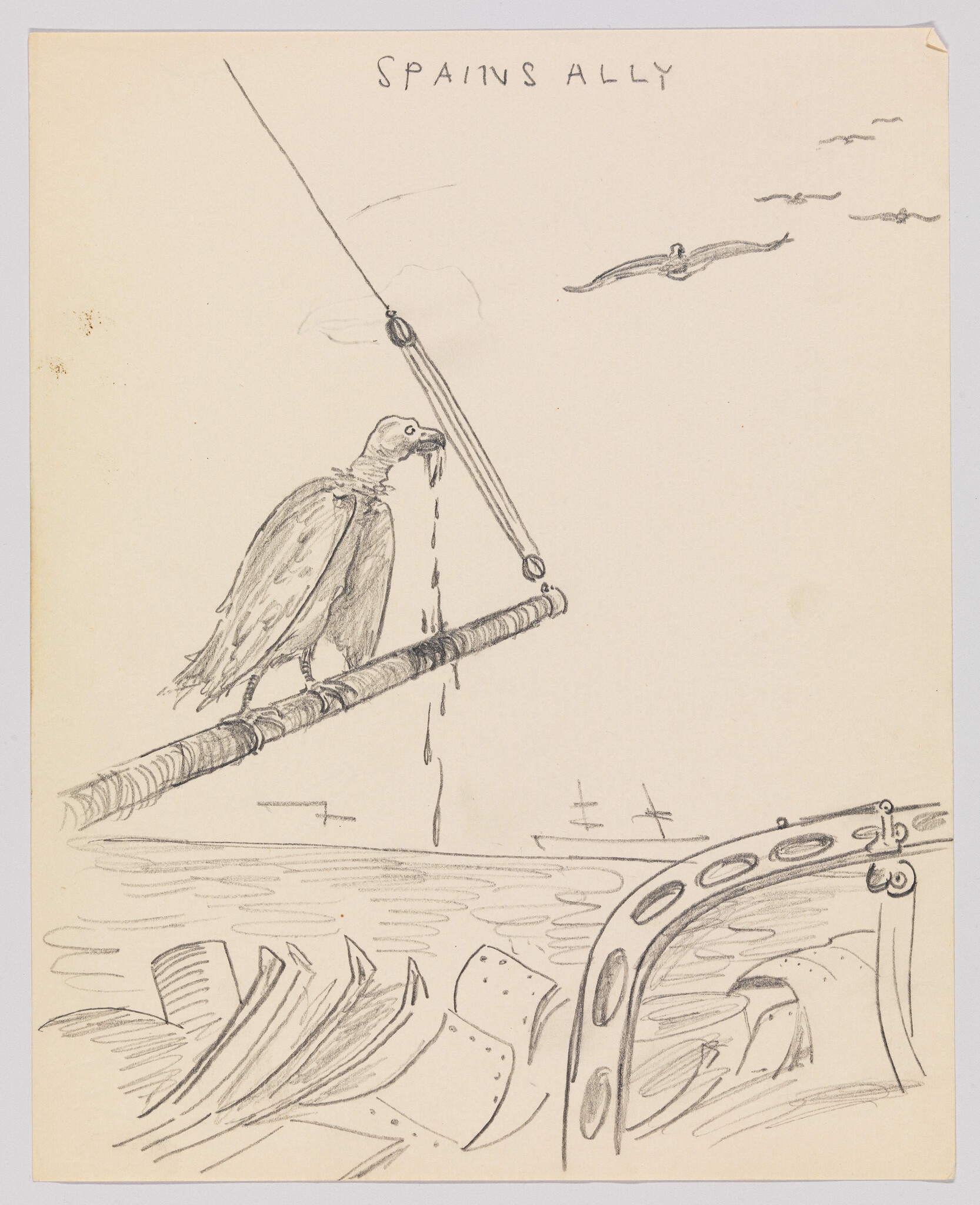 A vulture perches on a spar, dripping oil over a damaged ship, titled "SPAIN'S ALLY."