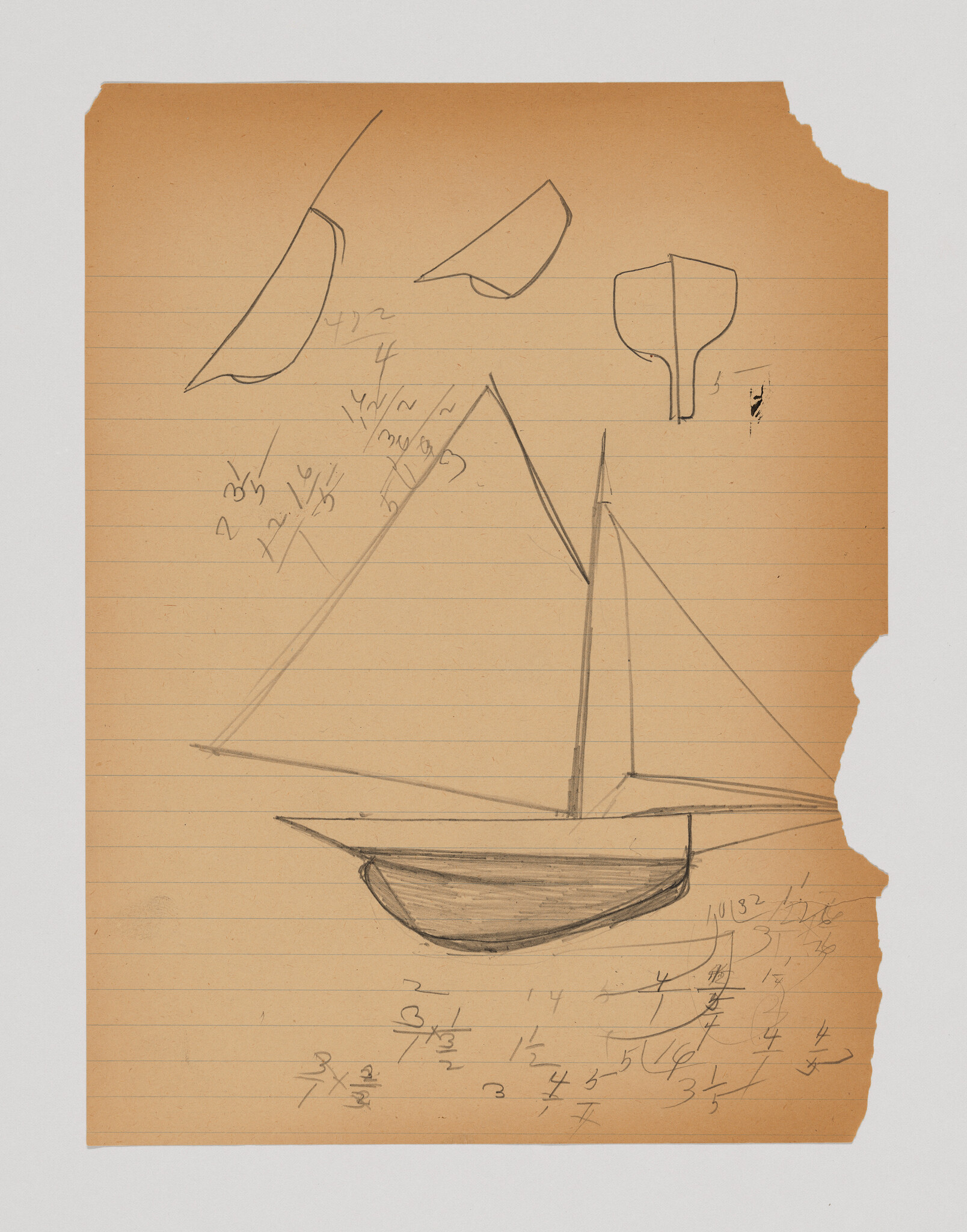 A pencil sketch of a sailboat and small hull sketches with math scribbles on torn lined paper.