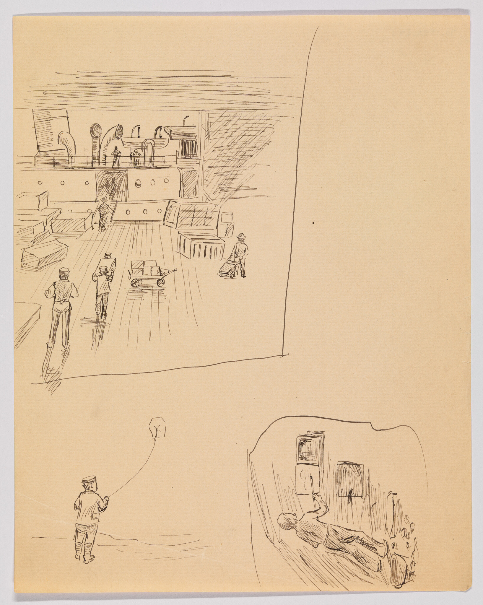 Sailors on a ship's deck push cargo carts and work near vents and stacked crates.