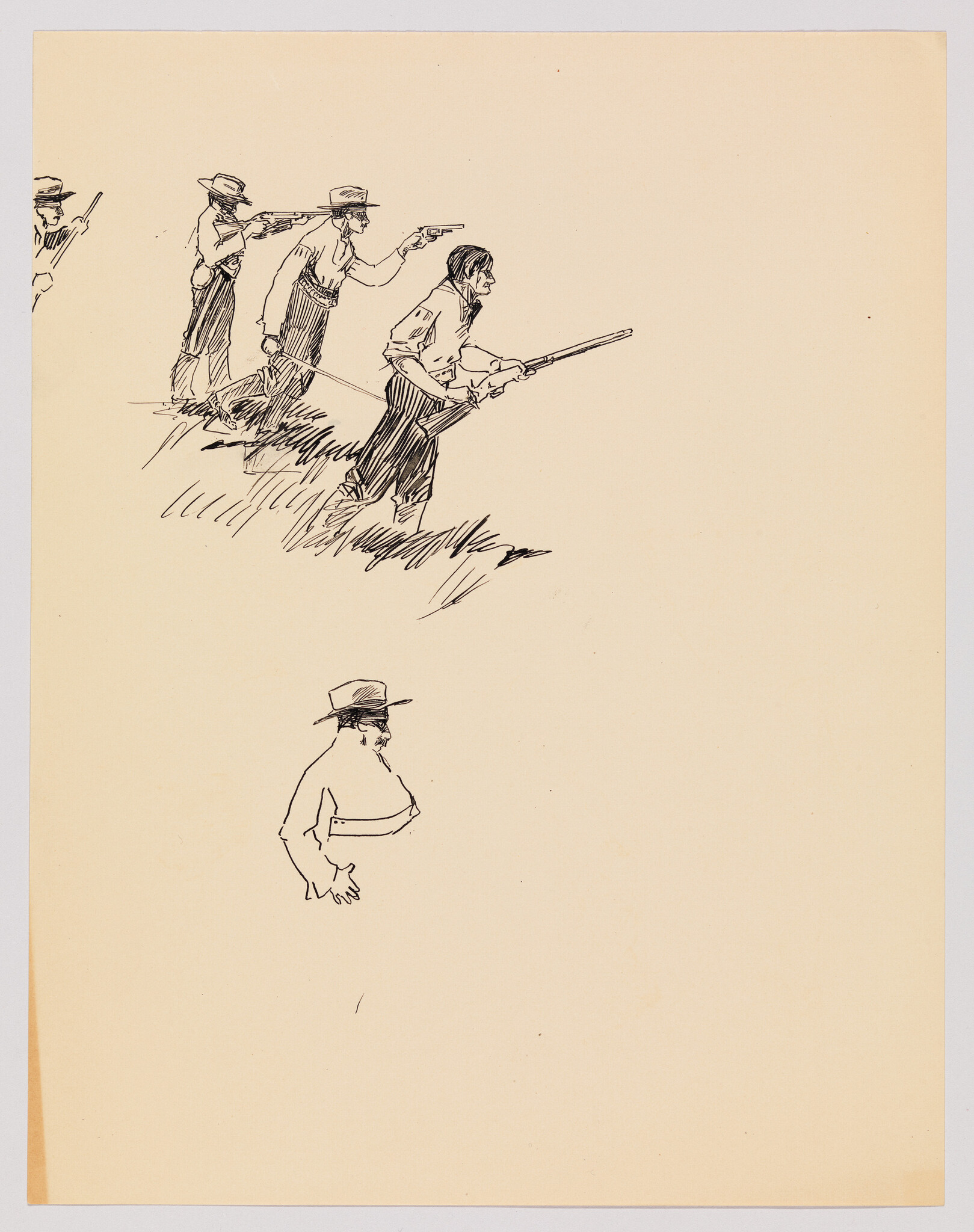 Four men in hats advance with rifles and pistols while one lone man watches below.