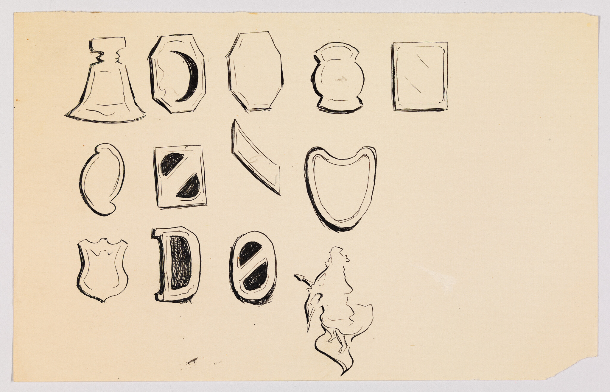A sketch on a beige paper featuring a variety of shield shapes and designs, with one figure that appears to be a rough sketch of a person in profile at the bottom right corner. The shields and figure are drawn with black ink, and the shapes range from traditional to more abstract designs.