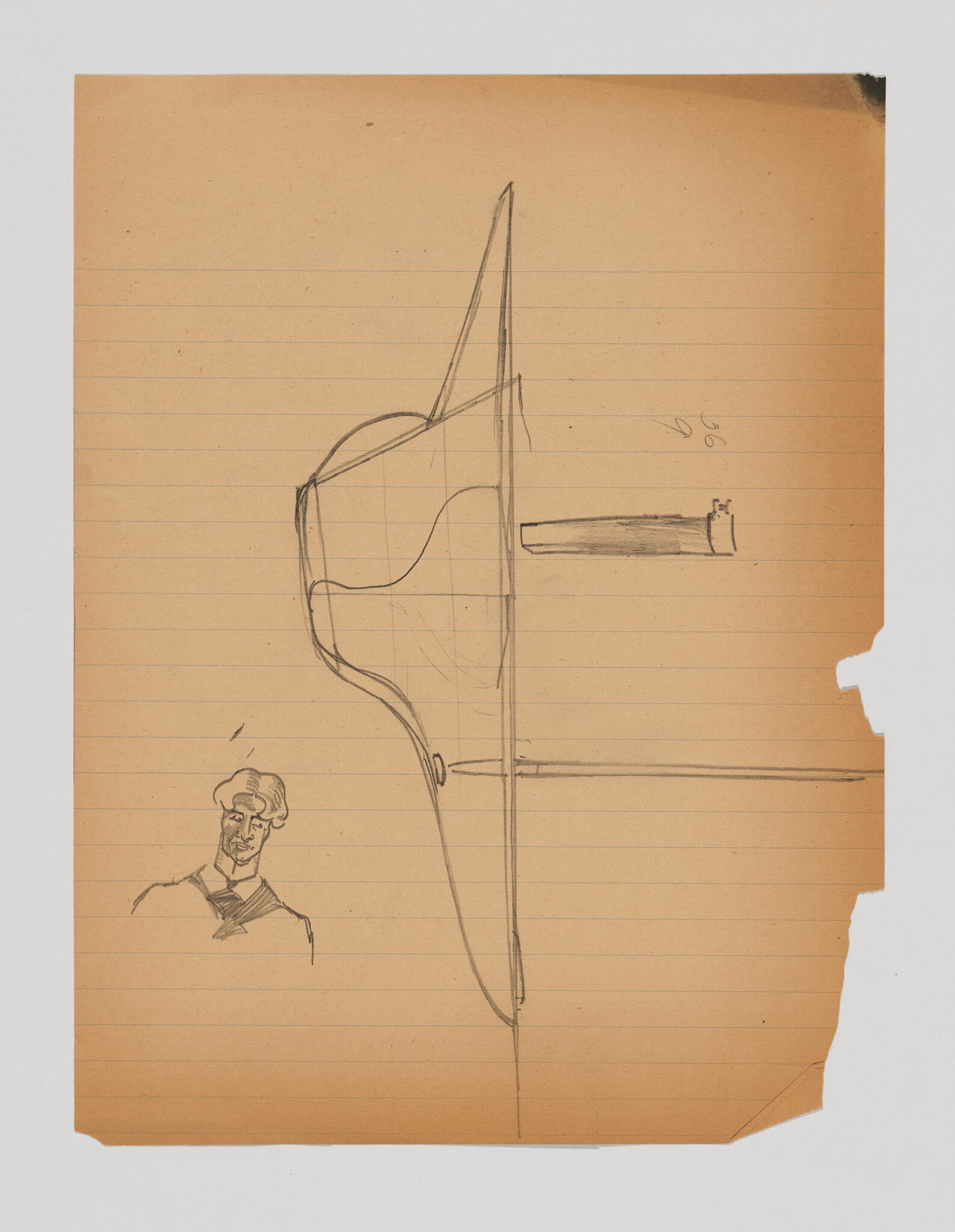 A pencil sketch shows a side profile of a grand piano on lined paper with a small portrait.