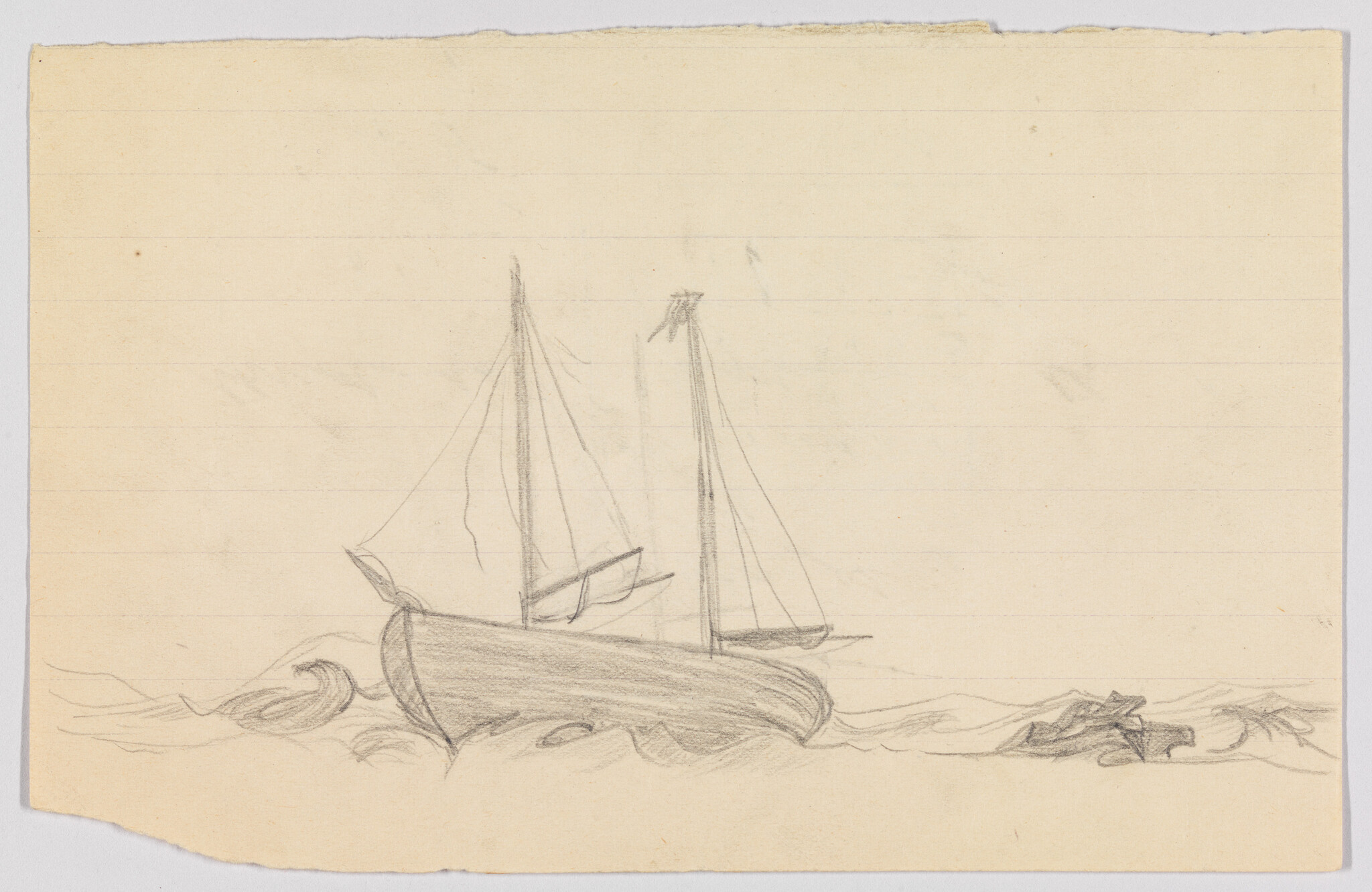 A pencil sketch of a small sailboat with two masts floating on choppy waves.