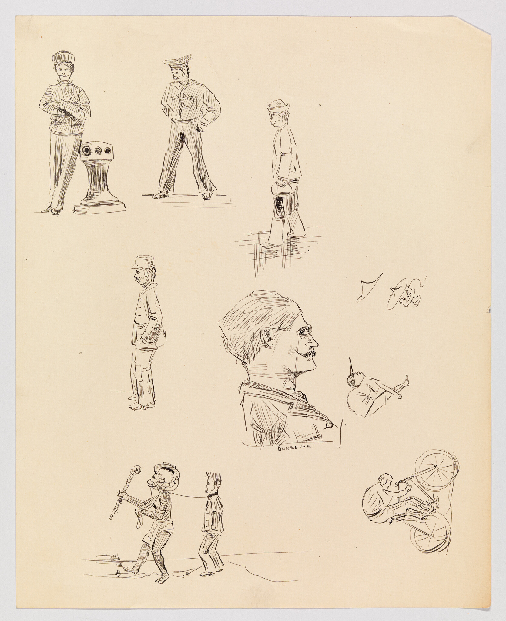 Several quick pen sketches showing men walking, a large profile head, and a cyclist.