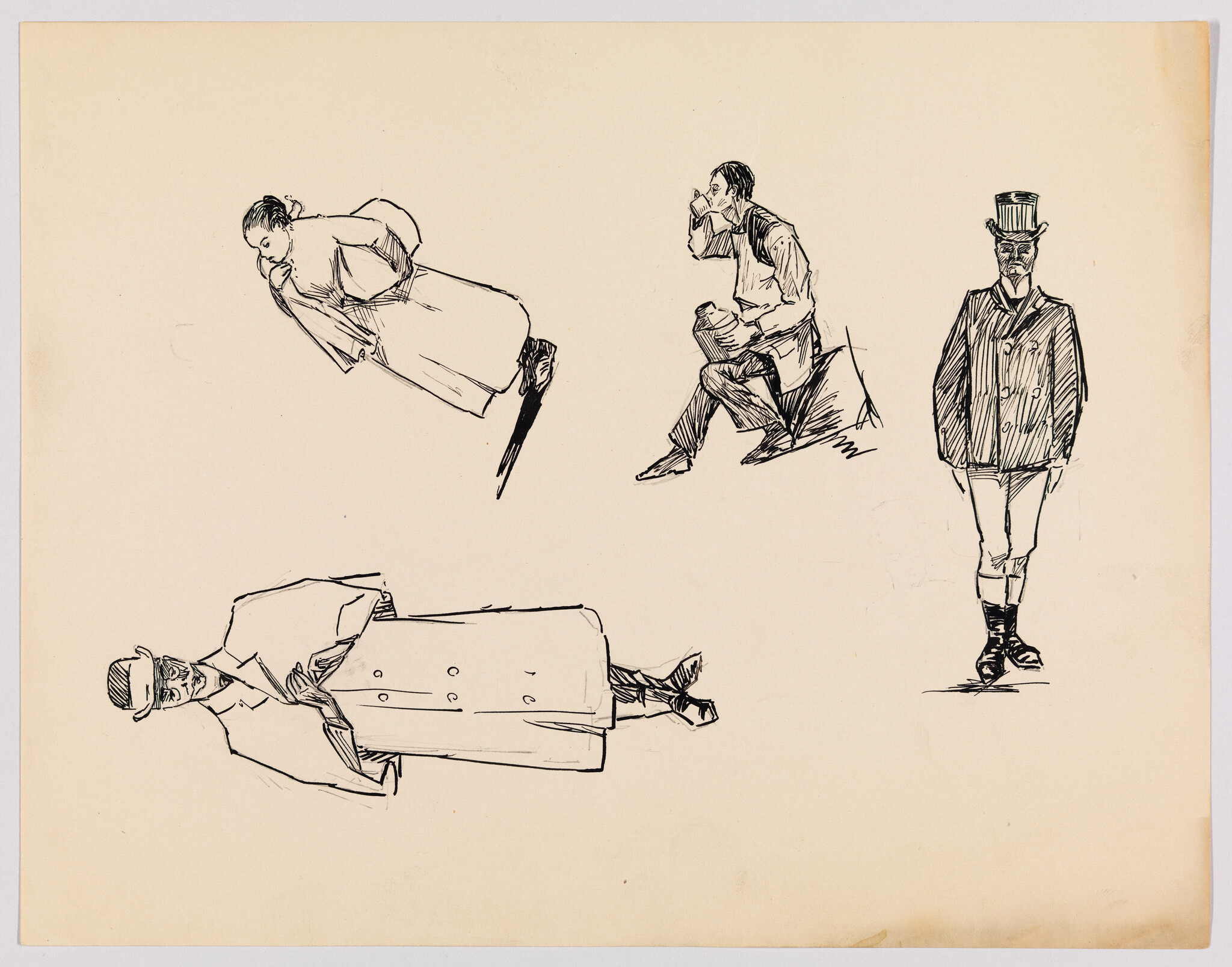 Four quick ink sketches showing men and a woman in varied standing and seated poses.