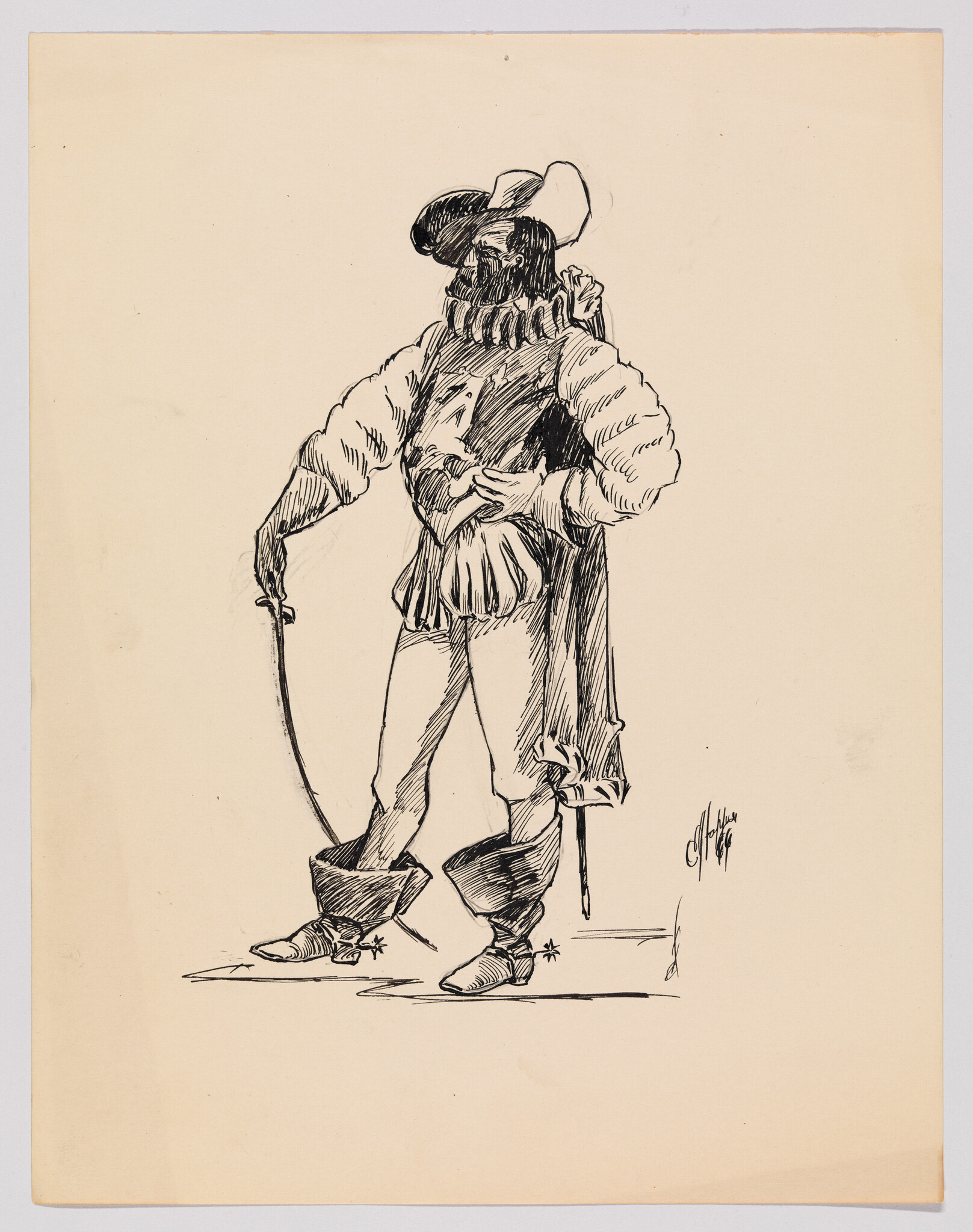 A bearded musketeer stands with hand on hip, holding a curved sword and spurred boots.