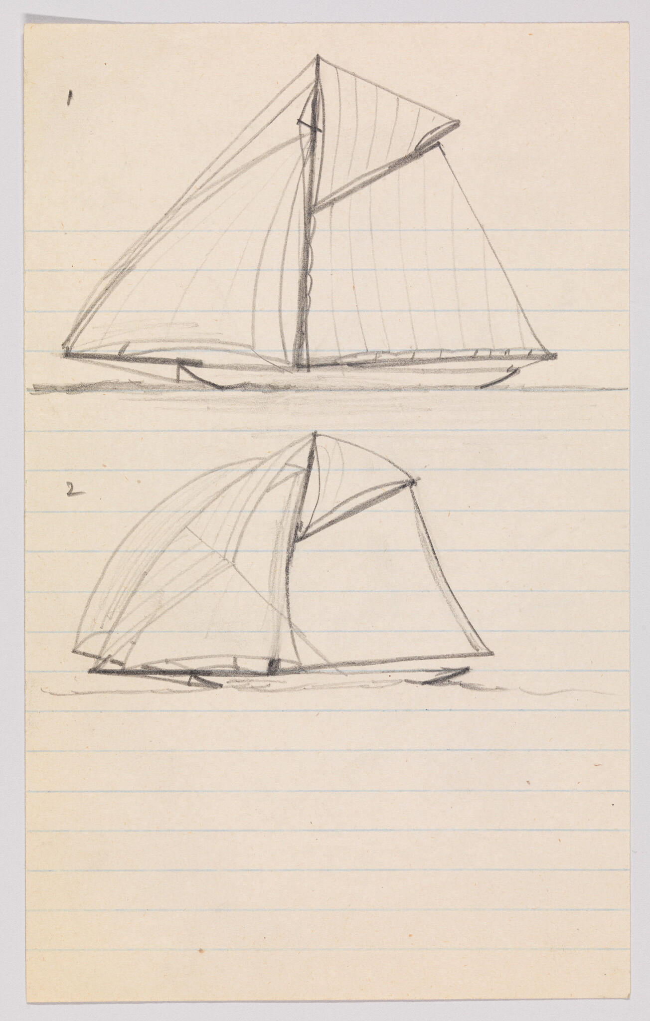 Two pencil sketches of sailboats with tall masts drawn on lined notebook paper.