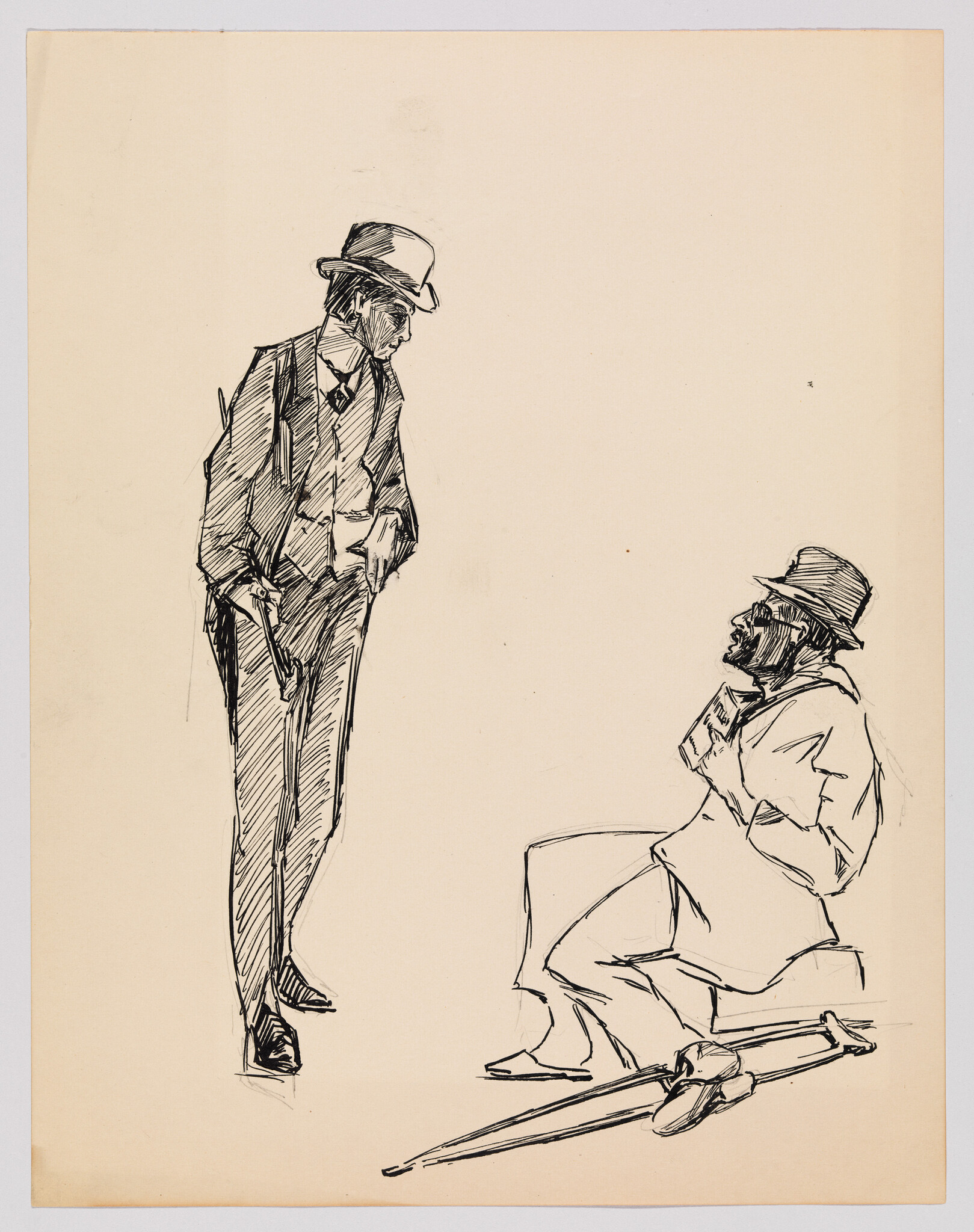 A well-dressed man stands with a cane while a seated man with crutches looks up.