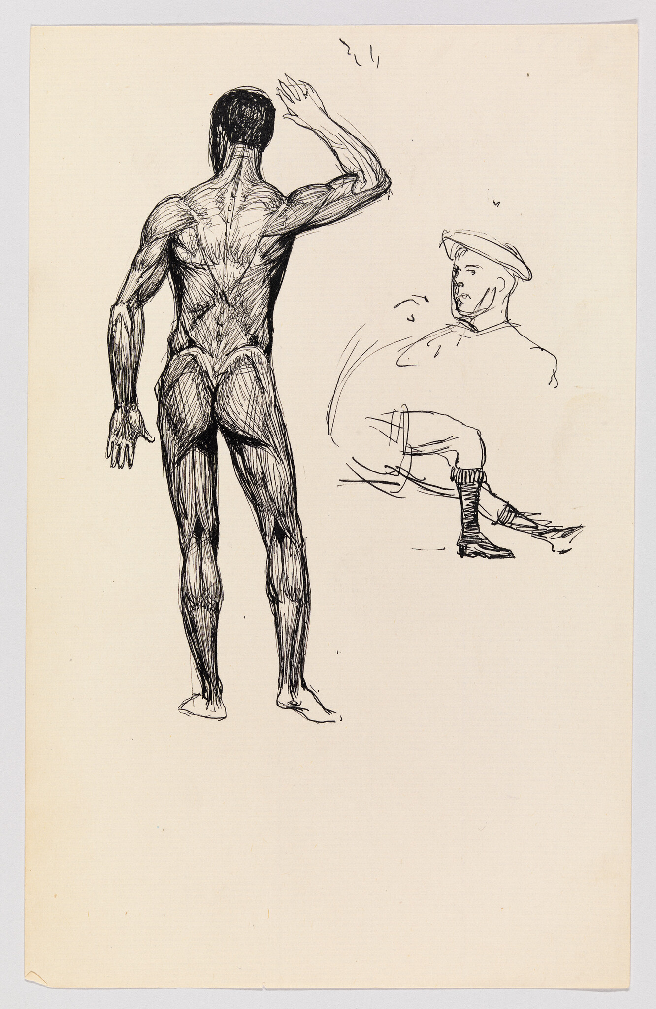 A pen drawing of a muscular man seen from behind raising his right arm, with small seated figure.