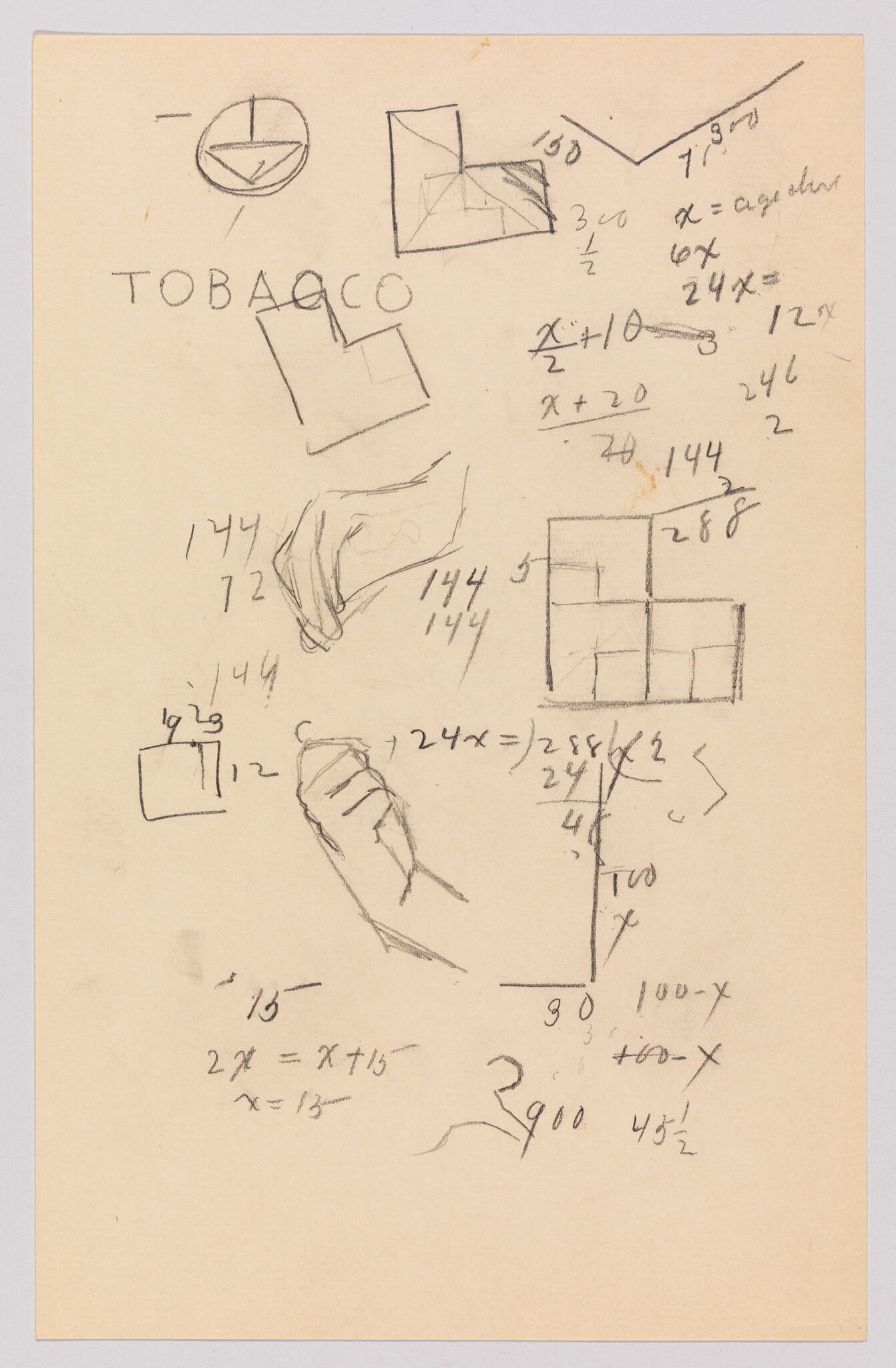 A scanned image of a sheet of paper filled with various mathematical equations, geometric shapes, and sketches. The word "TOBACCO" is written in the center with some letters replaced by numbers. There are also drawings of hands and a pie chart, alongside algebraic expressions and calculations. The paper appears aged with a yellowish tint.