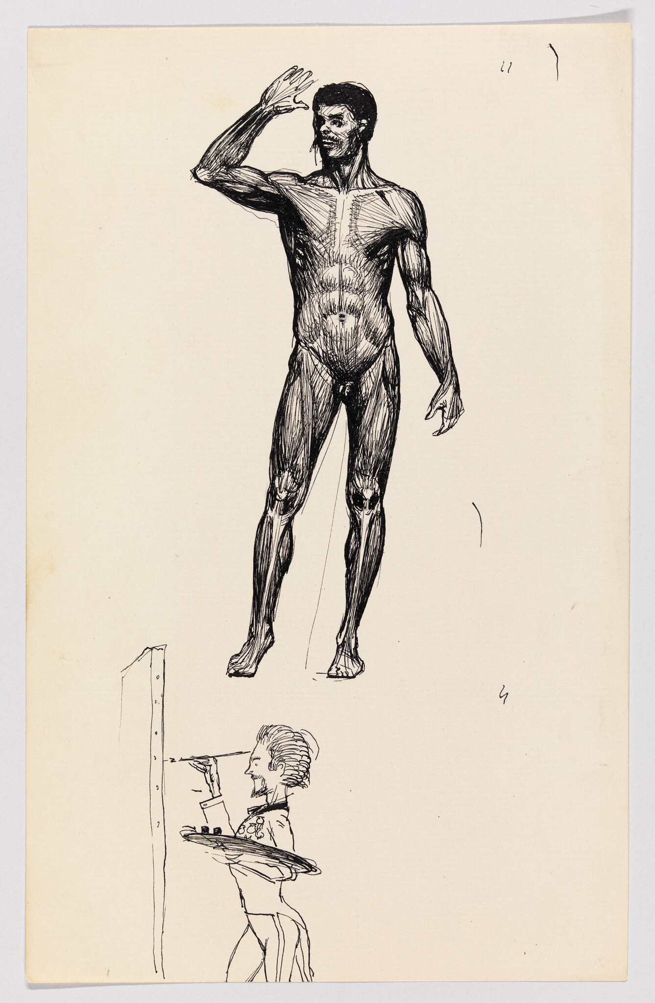 A detailed ink drawing of a standing nude man raising his hand while a small artist paints below.