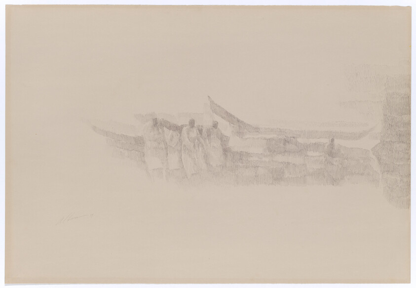 A faint pencil sketch shows people standing beside a long boat on a foggy shore.