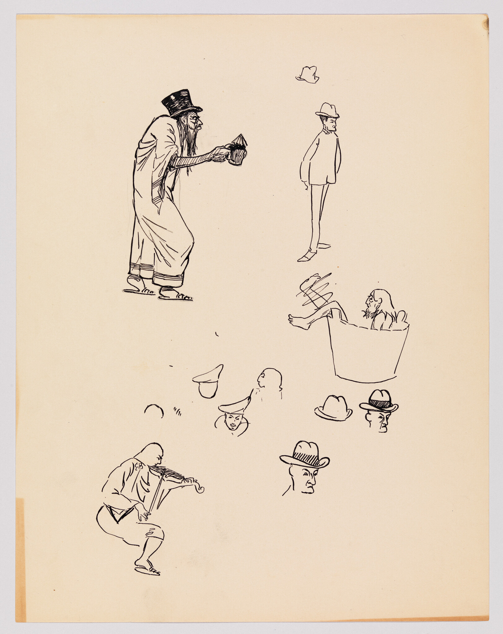 Several ink sketches showing a bearded man offering a hat, a fiddler, and hat studies.