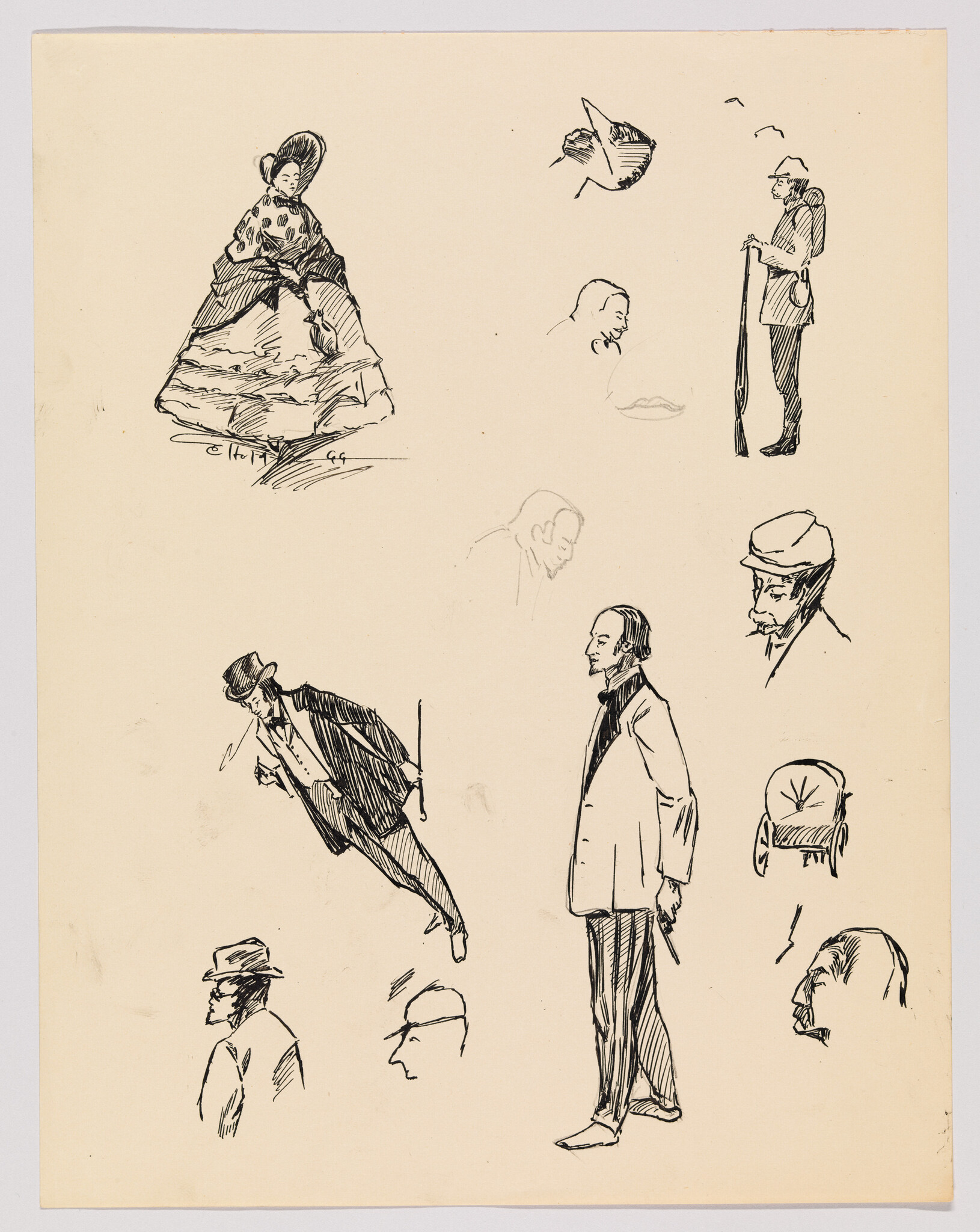 Several ink sketches showing Victorian-era figures and head studies in different poses.