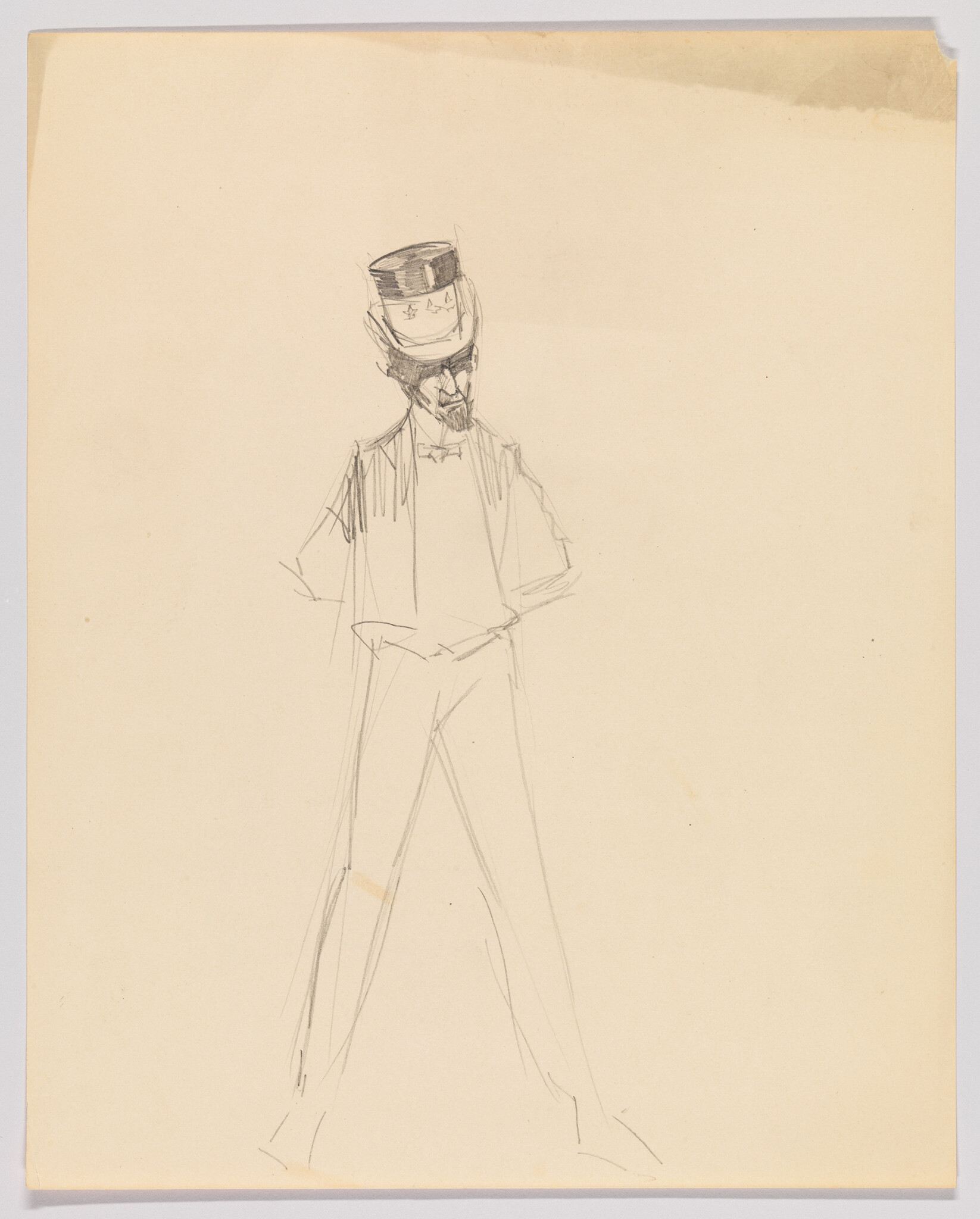 This pencil sketch shows a man standing with legs apart, hands in pockets, wearing a tall hat.