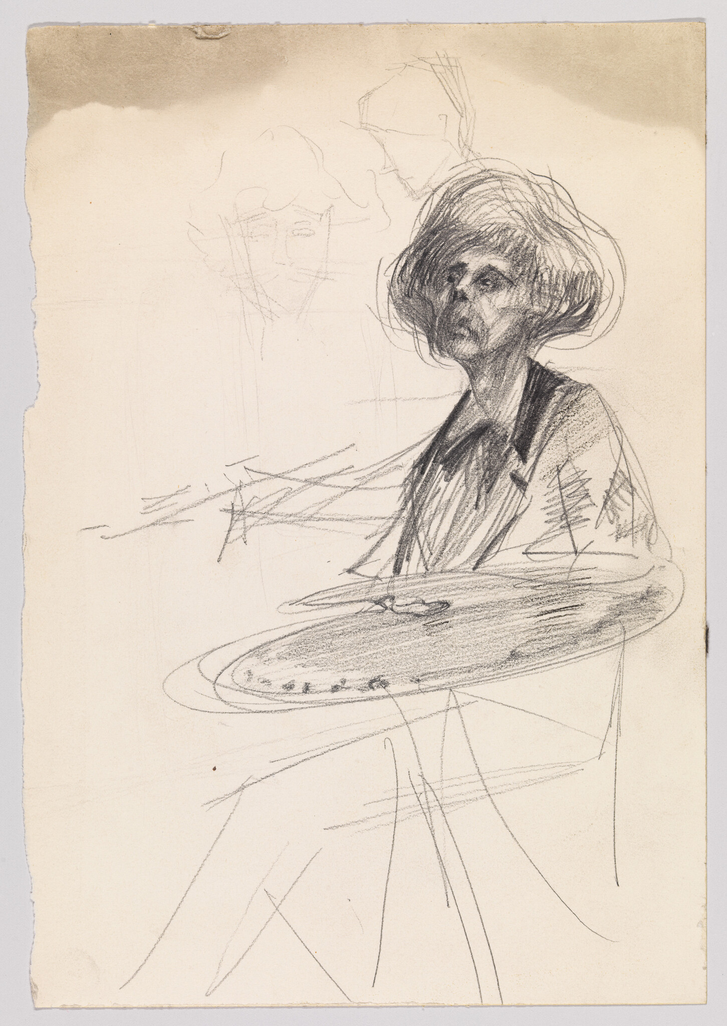 An elderly woman with a rounded hairstyle sits at a round table, gazing upward.