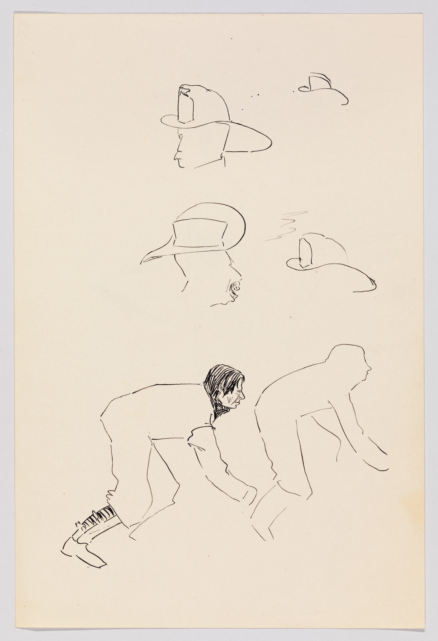 A sketch on a beige paper featuring a series of quick, minimalist drawings. The top half shows four separate outlines of hats, each with varying levels of detail. Below the hats, there are two sketches of figures: one is a profile of a person's head and upper body wearing a helmet, and the other is a more complete sketch of a person in a crouched position, viewed from the side, with emphasis on the outline of the body and minimal facial details. The lines are loose and appear to be drawn with a pen or fine marker.