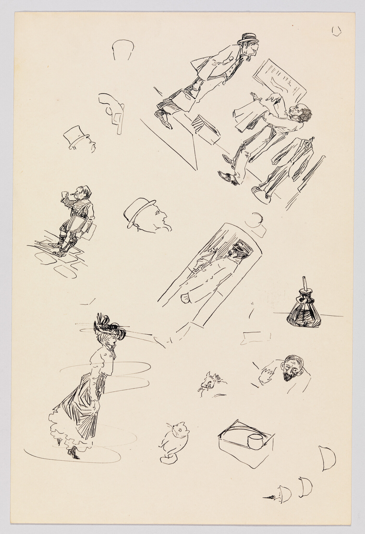 A collection of various black ink sketches on a beige paper background. The sketches include caricatured figures of people in different poses, a few facial profiles, a lamp, and a box. One prominent sketch shows a man in a hat and coat gesturing towards another figure, while another depicts an elegantly dressed woman with a hat. The drawings appear to be quick, expressive studies, possibly capturing different characters or scenes.