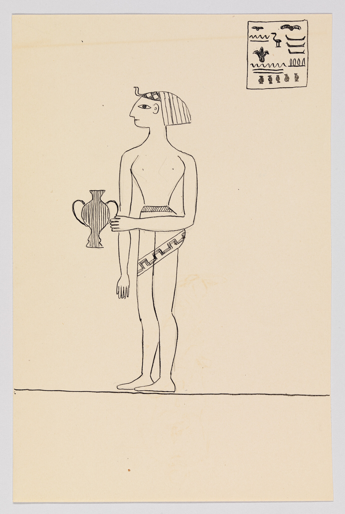 Standing ancient Egyptian figure wearing a short kilt and holding a two-handled vase.